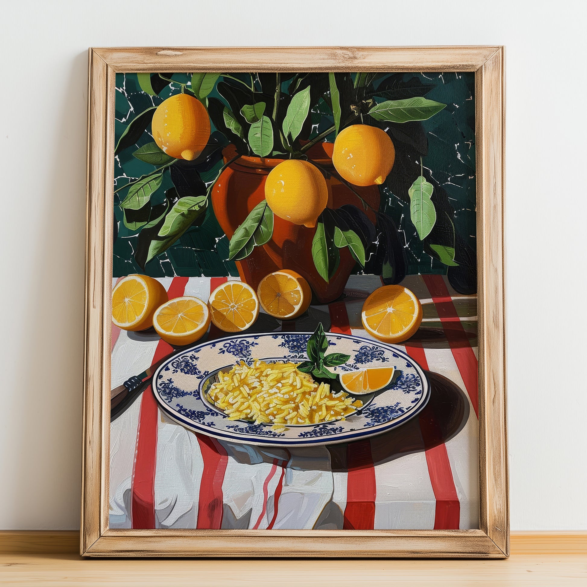 Risotto alla Milanese – Italian Rice Dish, Bistro Illustration, no-text version framed in wood