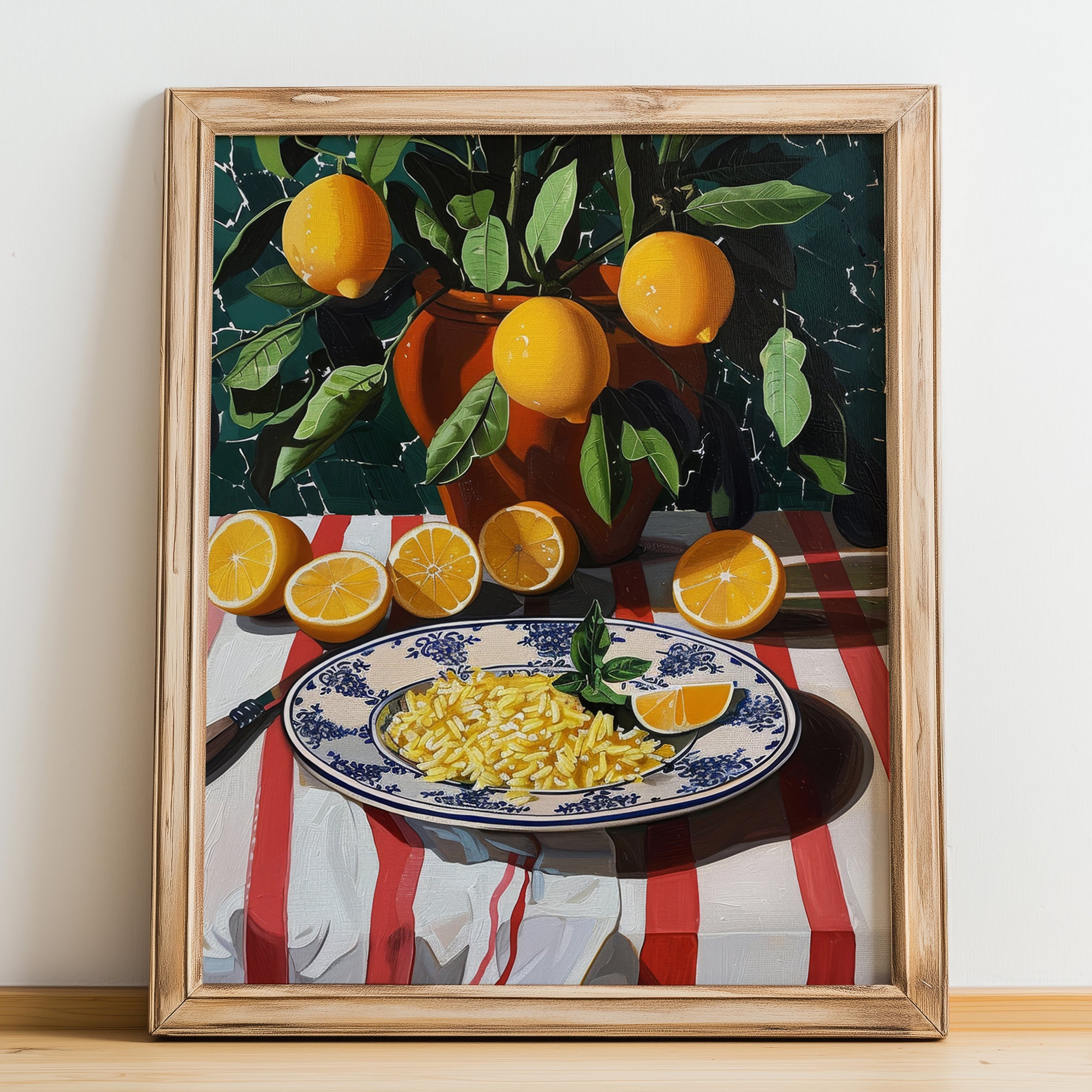 Risotto alla Milanese – Italian Rice Dish, Bistro Illustration, no-text version framed in wood