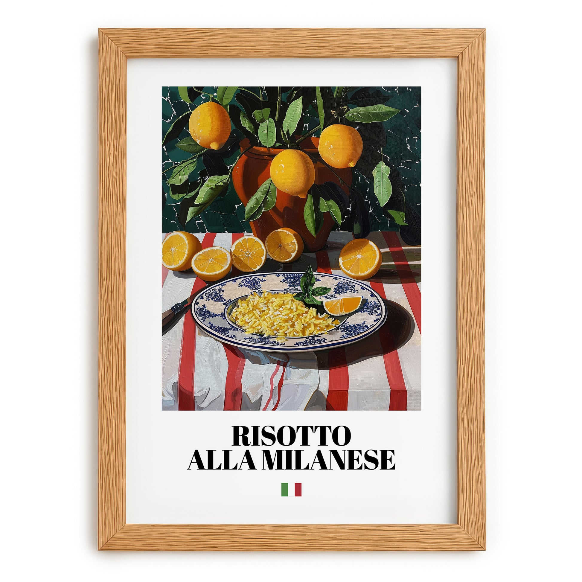 Risotto alla Milanese – Italian Rice Dish, Bistro Illustration, set in oak frame