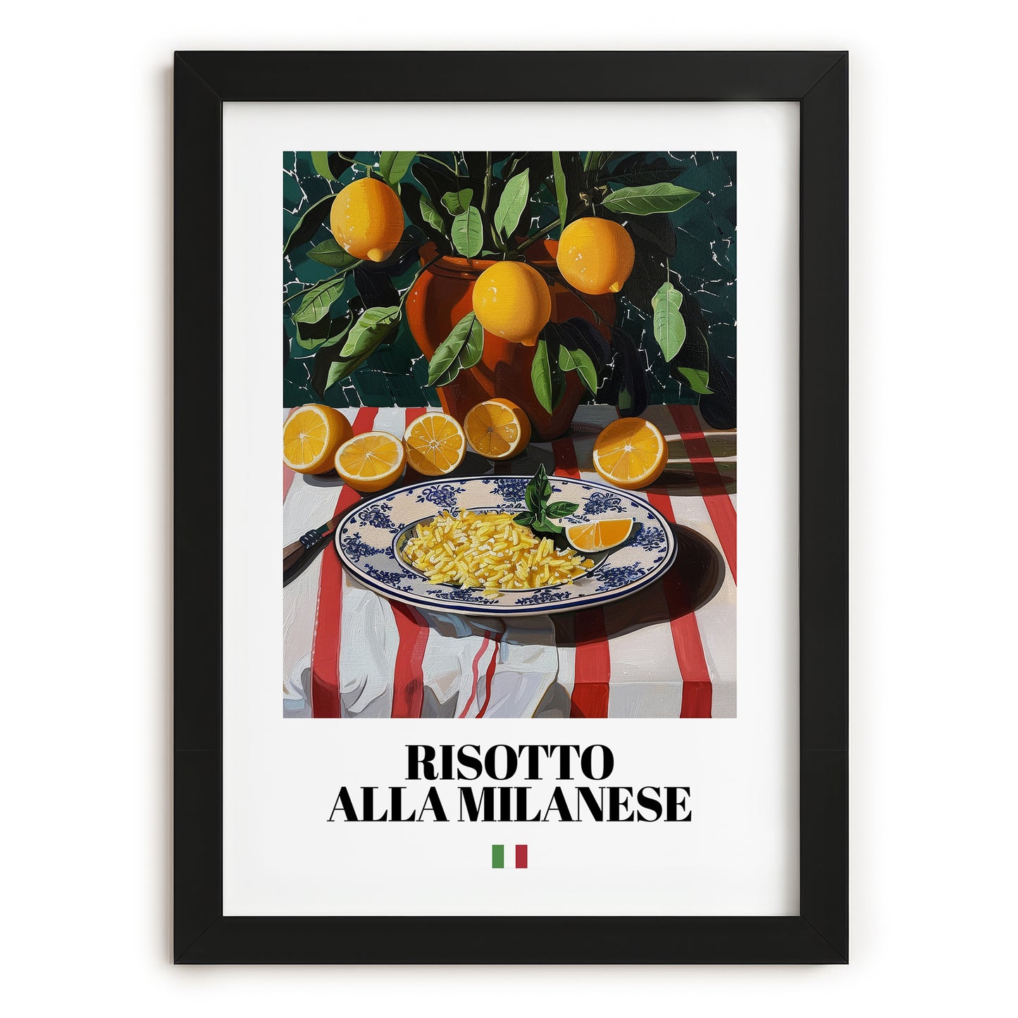 Risotto alla Milanese – Italian Rice Dish, Bistro Illustration, in sleek black frame