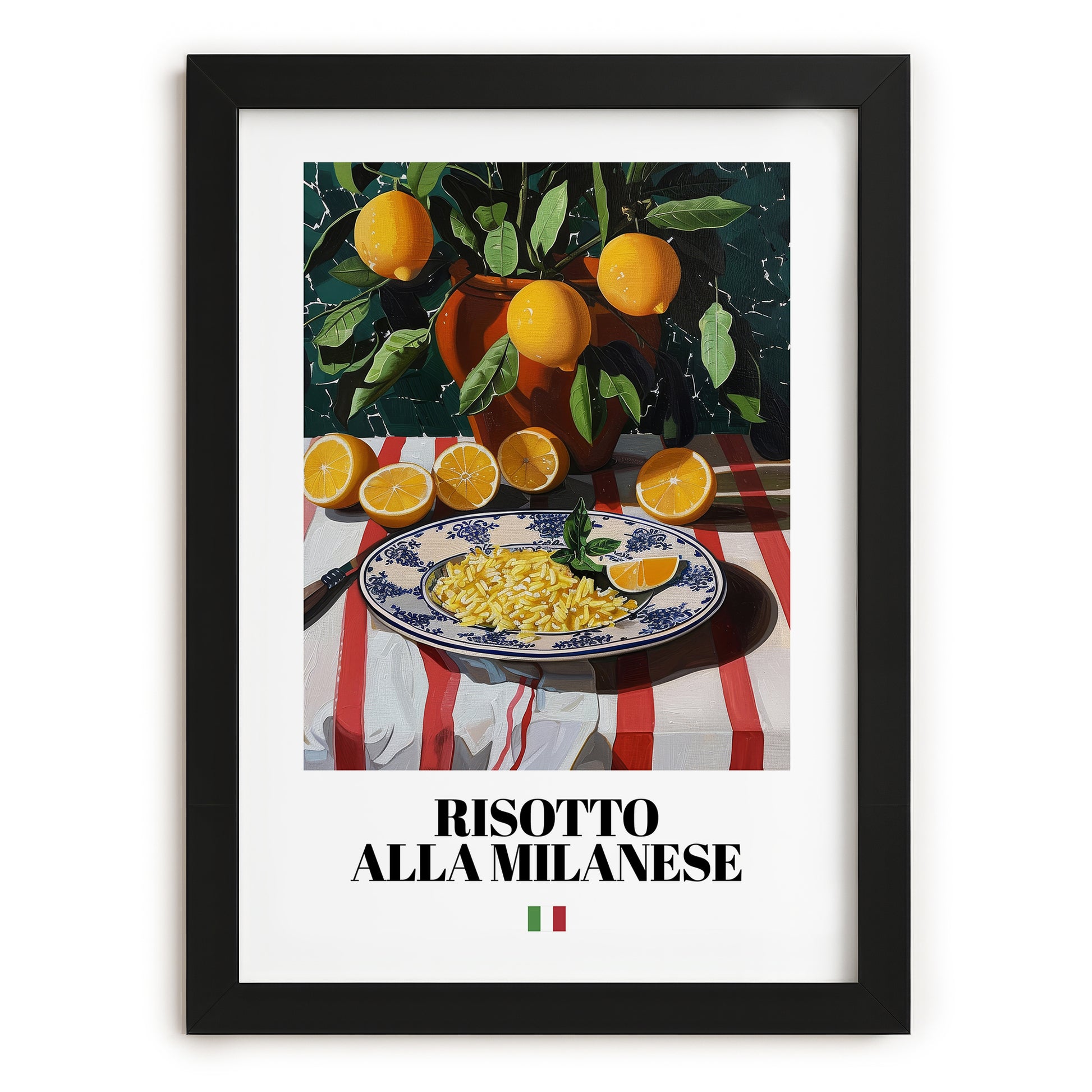 Risotto alla Milanese – Italian Rice Dish, Bistro Illustration, in sleek black frame