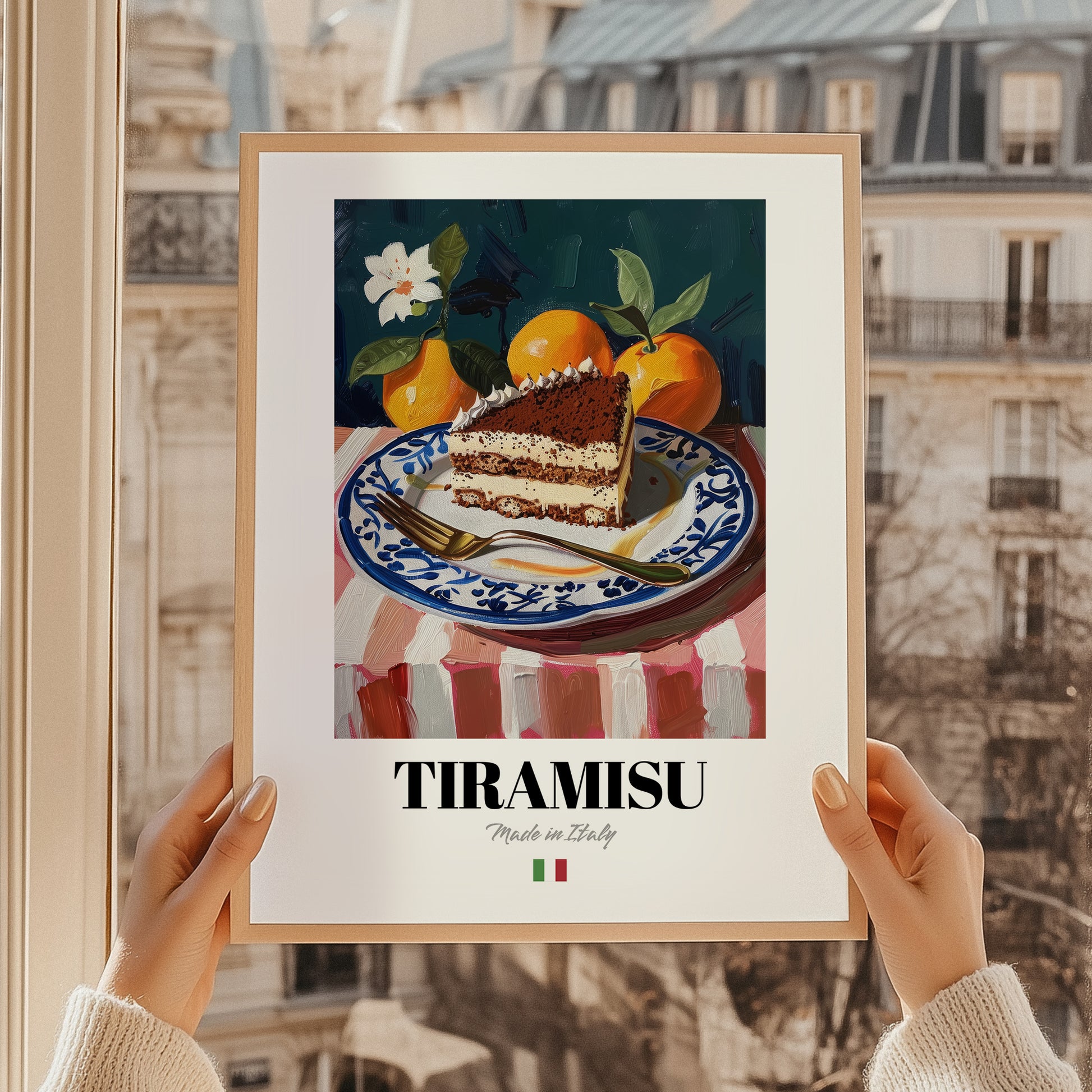Tiramisu – Italian Dessert Dish, Tavern Wall Art, styled in a charming Paris street view