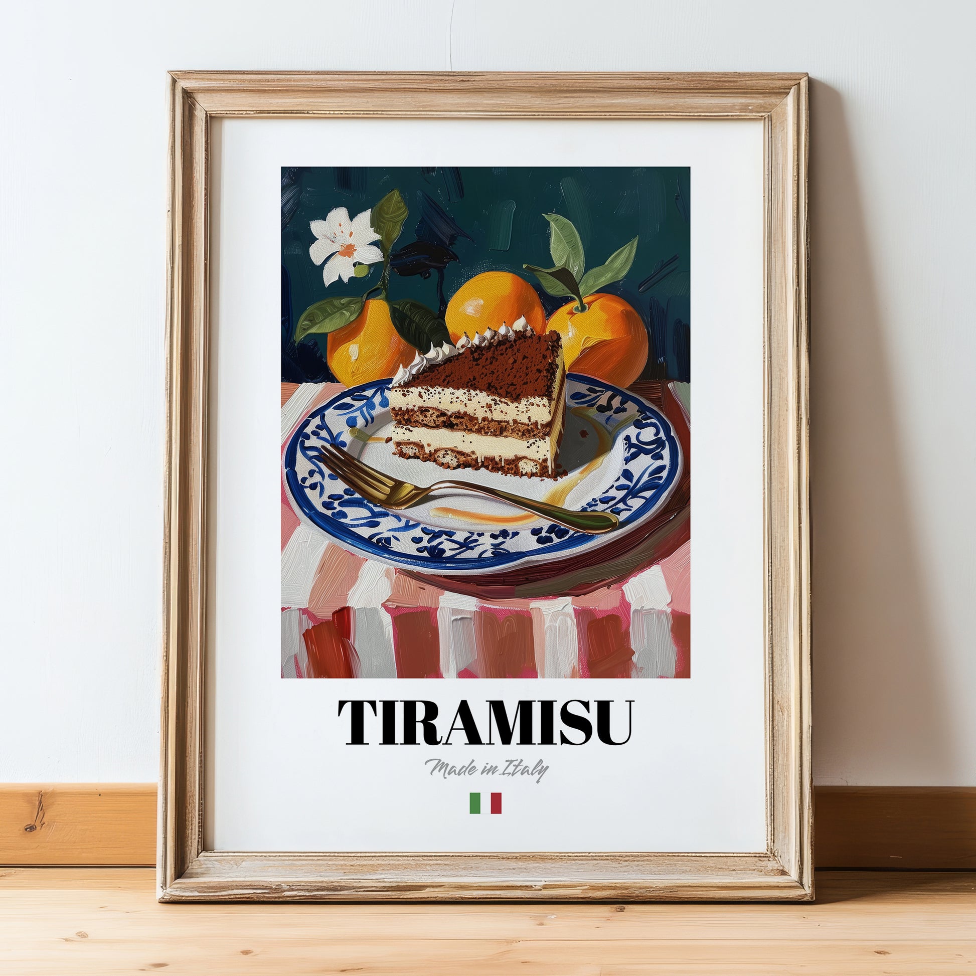 Tiramisu – Italian Dessert Dish, Tavern Wall Art, in wooden frame leaning on the floor