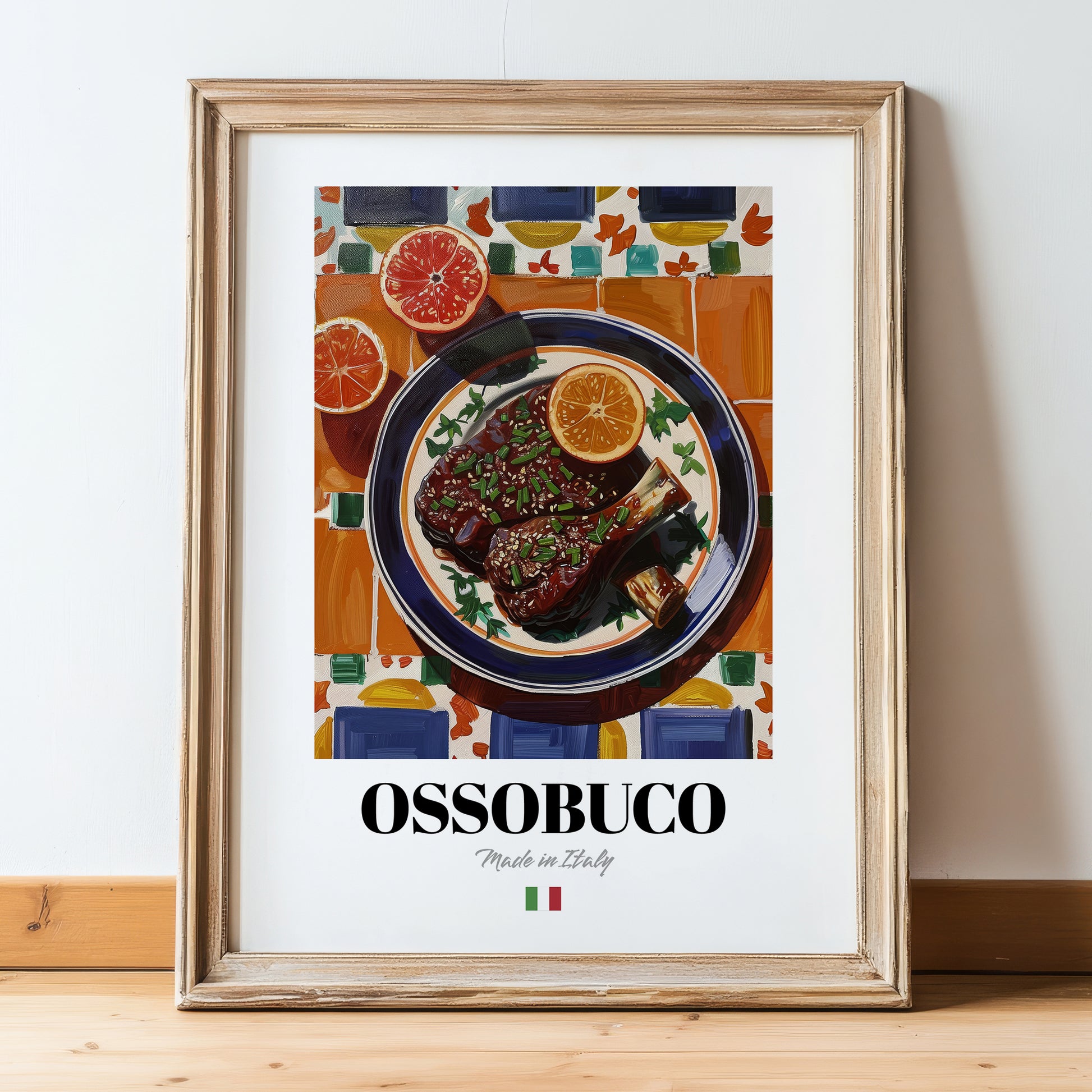 Ossobuco – Italian Stew Dish, Tavern Art, in wooden frame leaning on the floor