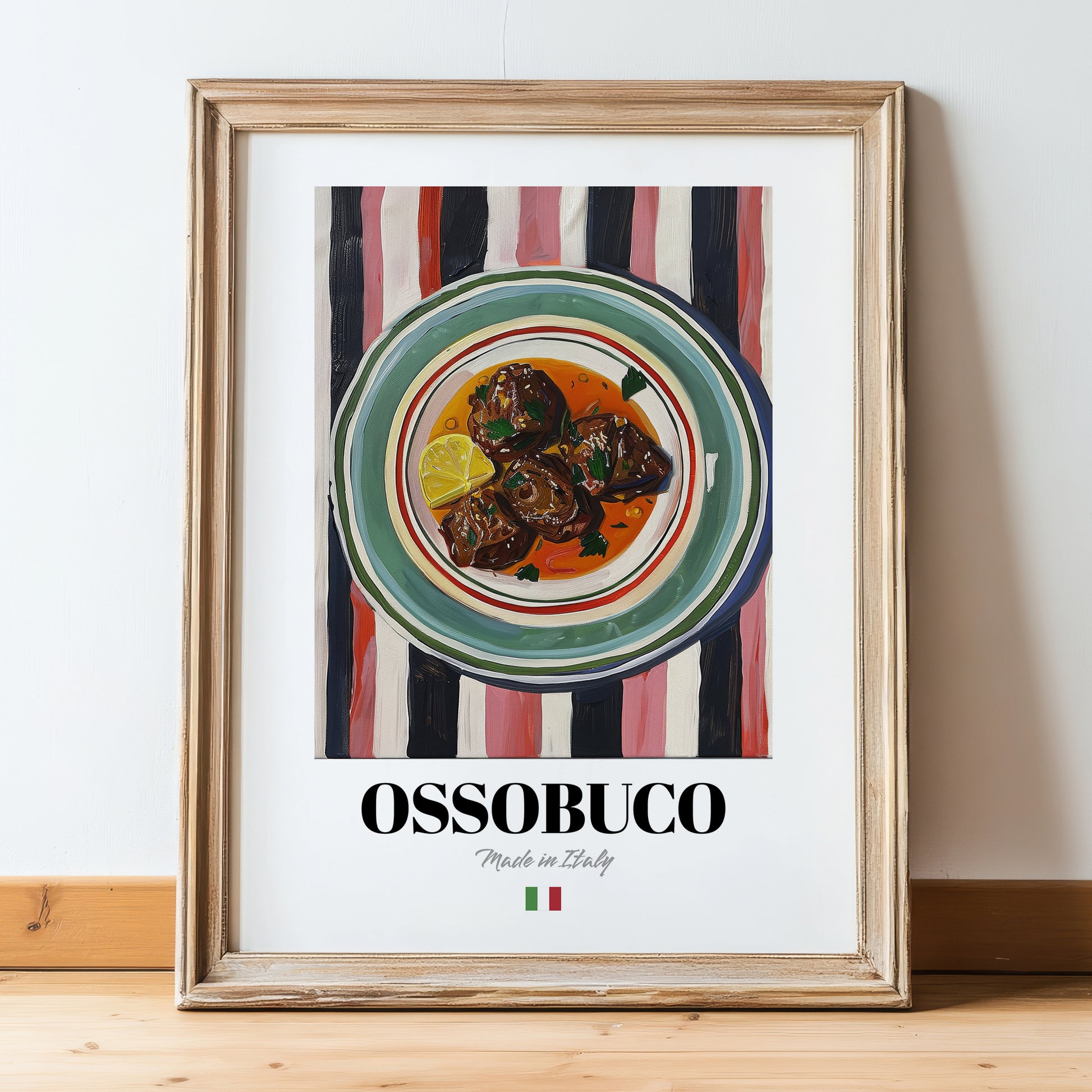 Ossobuco – Italian Stew Dish, Restaurant Poster, in wooden frame leaning on the floor