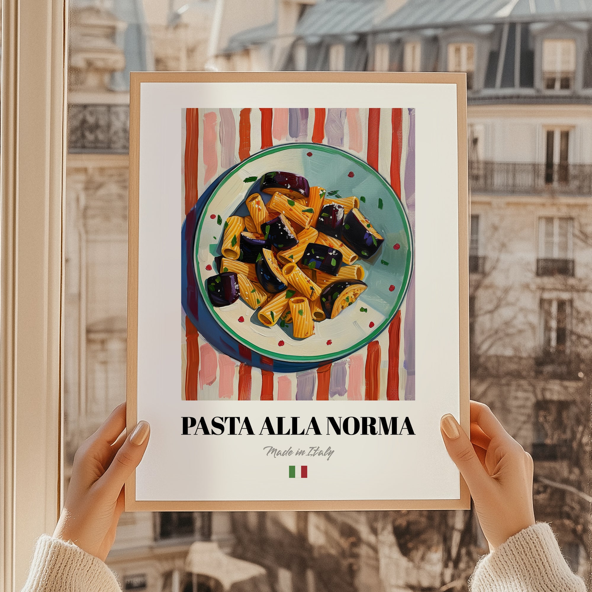 Pasta alla Norma – Italian Pasta, Ristorante Poster, styled in a charming Paris street view