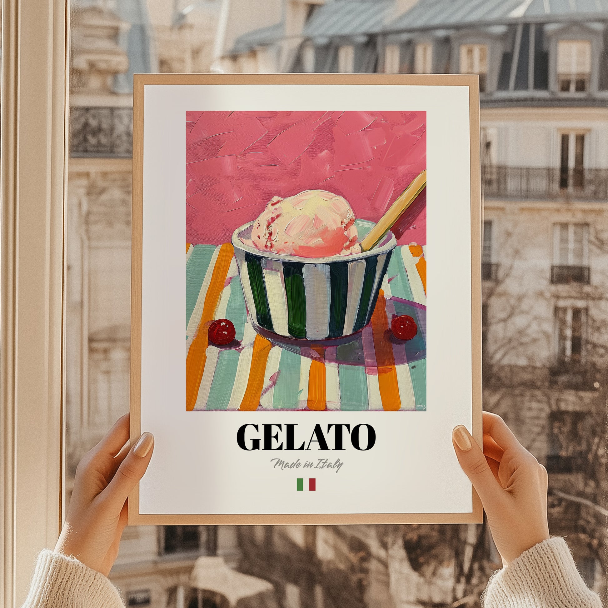 Gelato – Italian Ice Cream Gelato, Ice Cream Shop Art, styled in a charming Paris street view