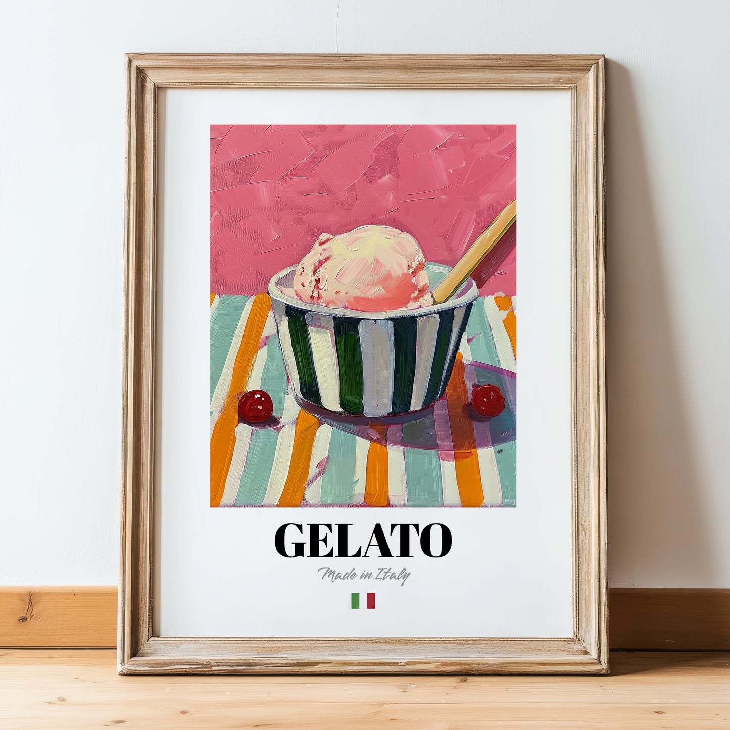 Gelato – Italian Ice Cream Gelato, Ice Cream Shop Art, in wooden frame leaning on the floor
