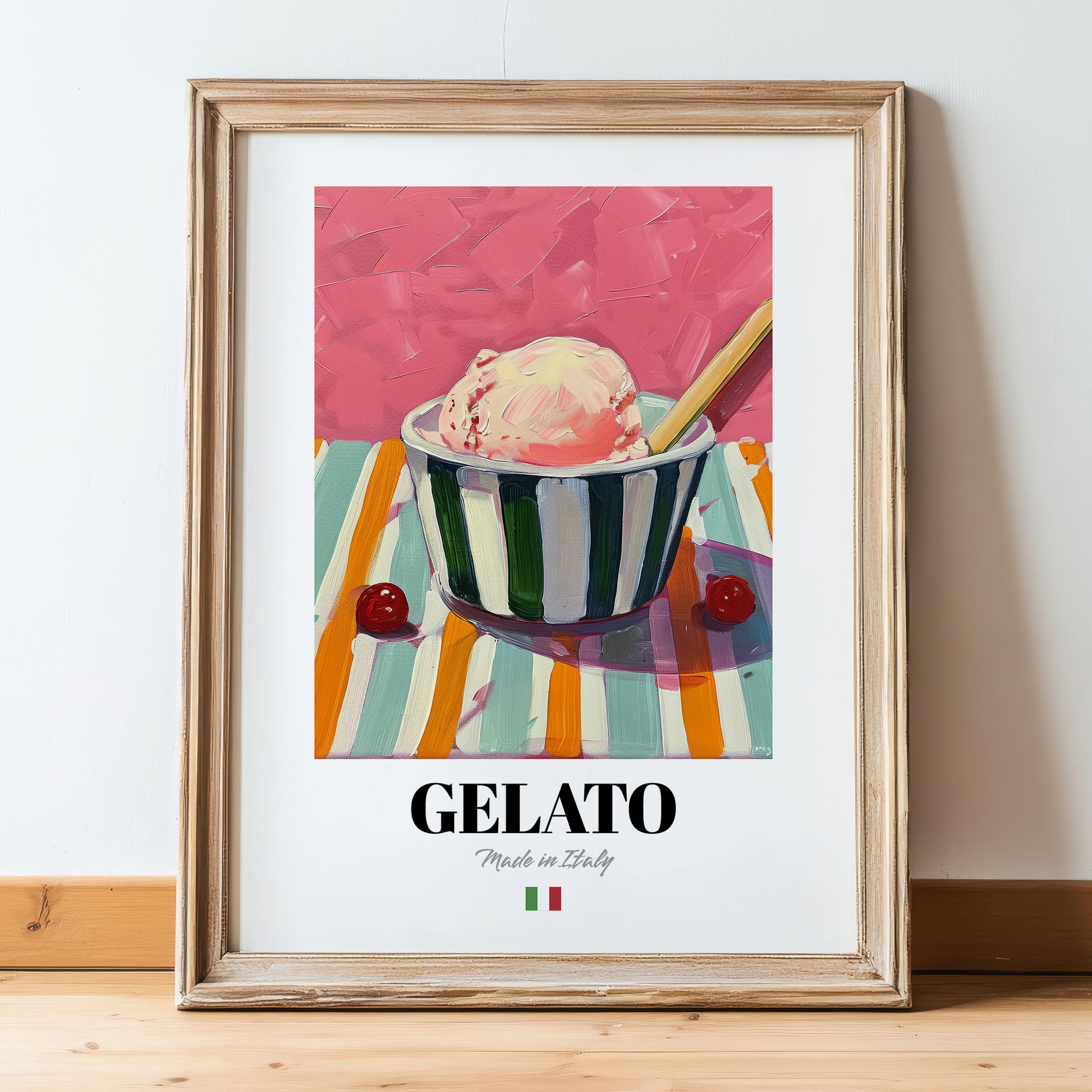 Gelato – Italian Ice Cream Gelato, Ice Cream Shop Art, in wooden frame leaning on the floor