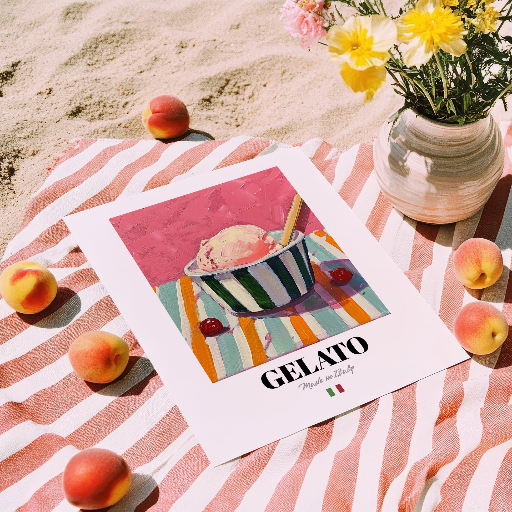 Gelato – Italian Ice Cream Gelato, Ice Cream Shop Art, unframed on coastal sand