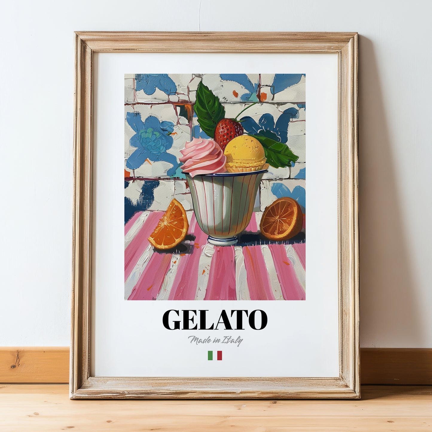 Gelato – Italian Ice Cream Gelato, Gelateria Still Life, in wooden frame leaning on the floor