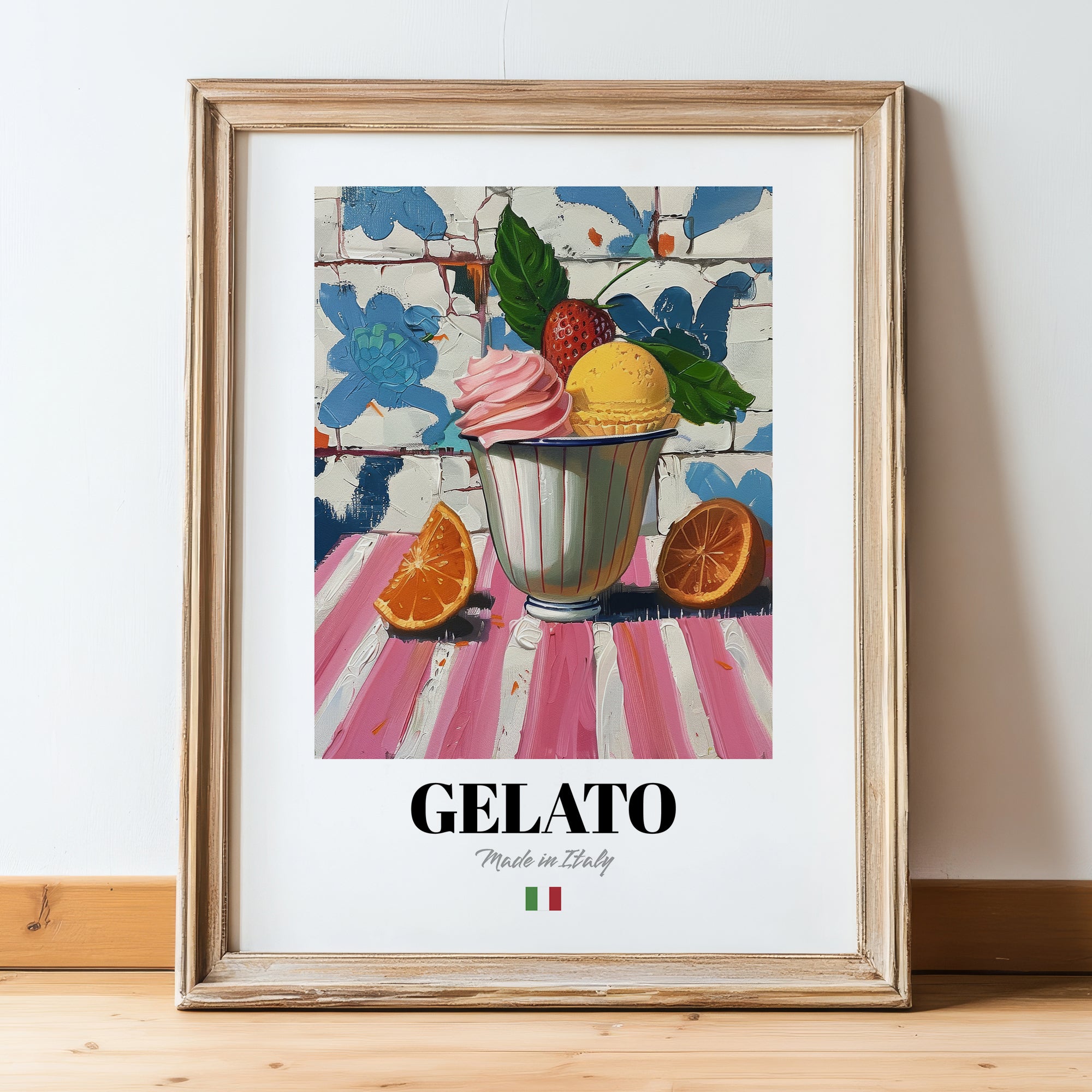Gelato – Italian Ice Cream Gelato, Gelateria Still Life, in wooden frame leaning on the floor