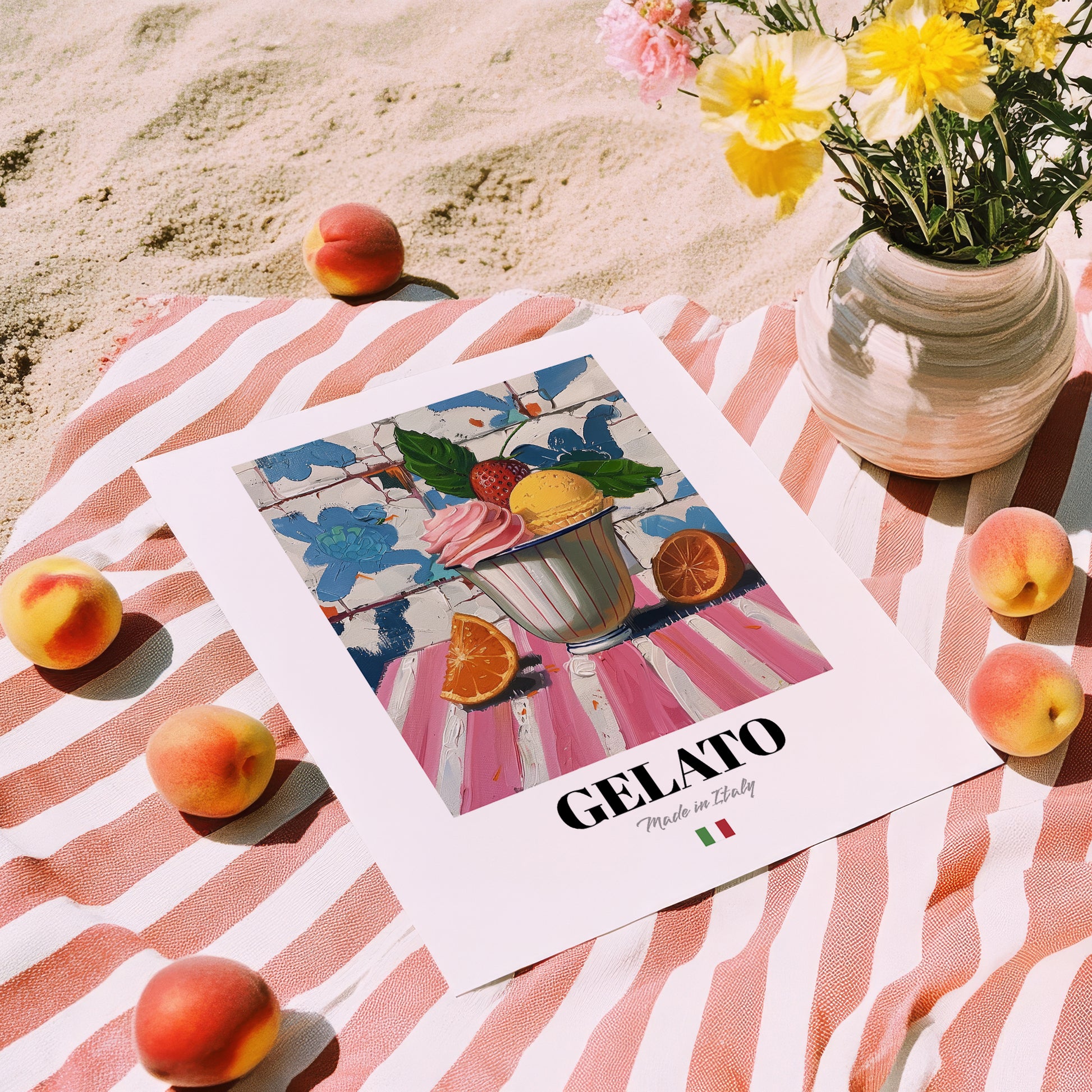 Gelato – Italian Ice Cream Gelato, Gelateria Still Life, unframed on coastal sand