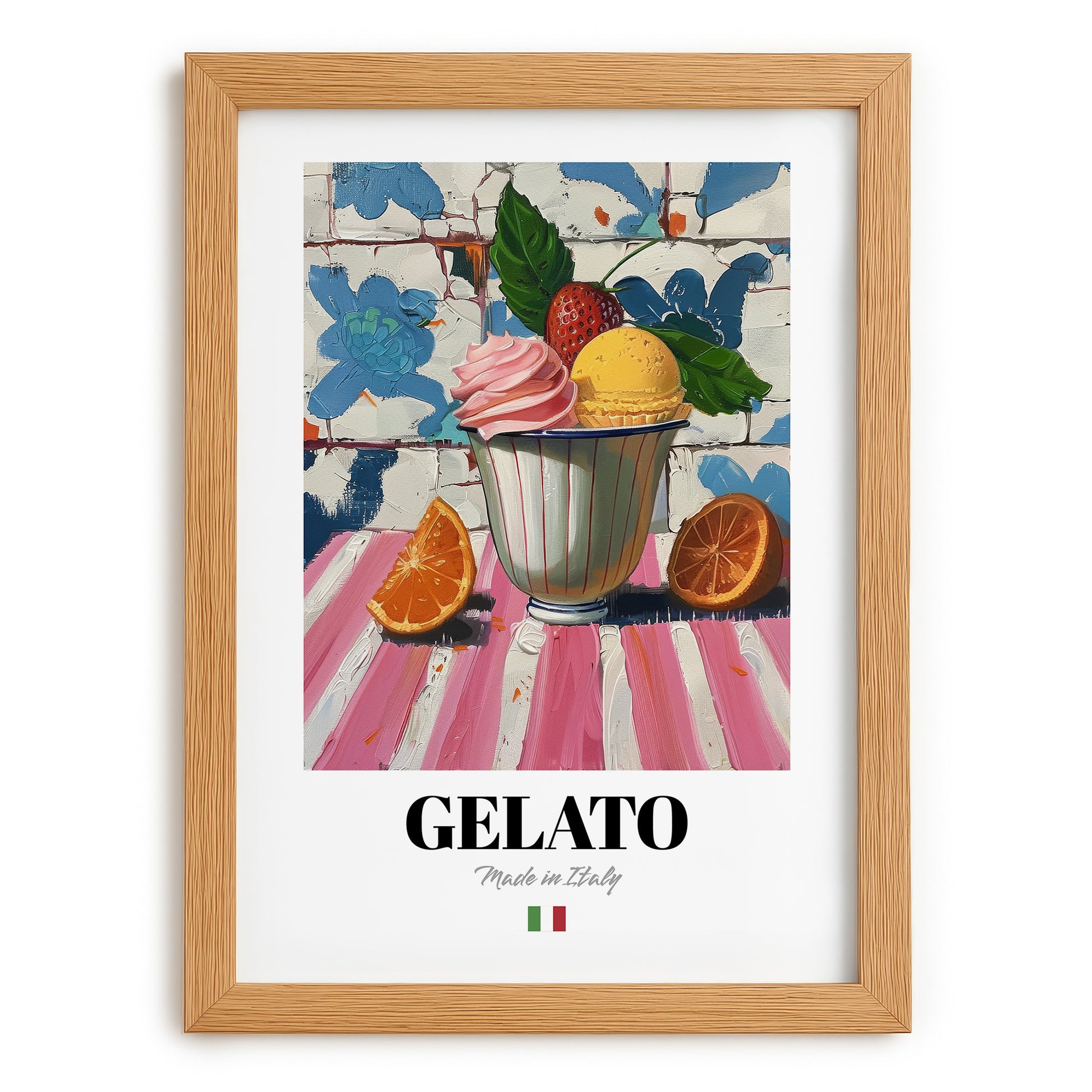 Gelato – Italian Ice Cream Gelato, Gelateria Still Life, set in oak frame