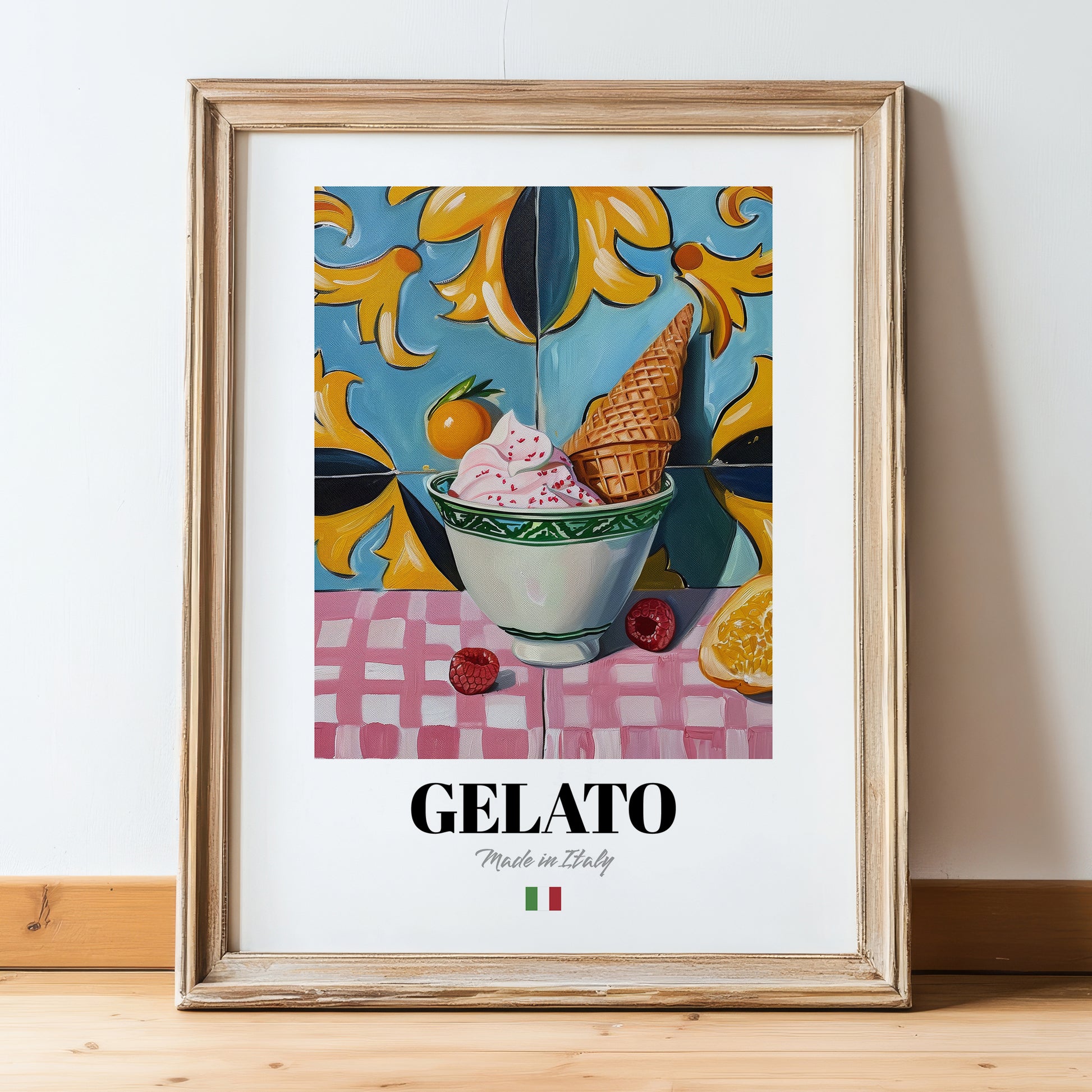 Gelato – Italian Ice Cream Gelato, Gelateria Art, in wooden frame leaning on the floor