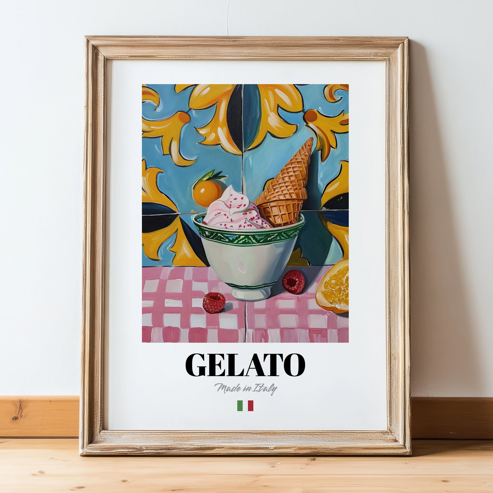 Gelato – Italian Ice Cream Gelato, Gelateria Art, in wooden frame leaning on the floor