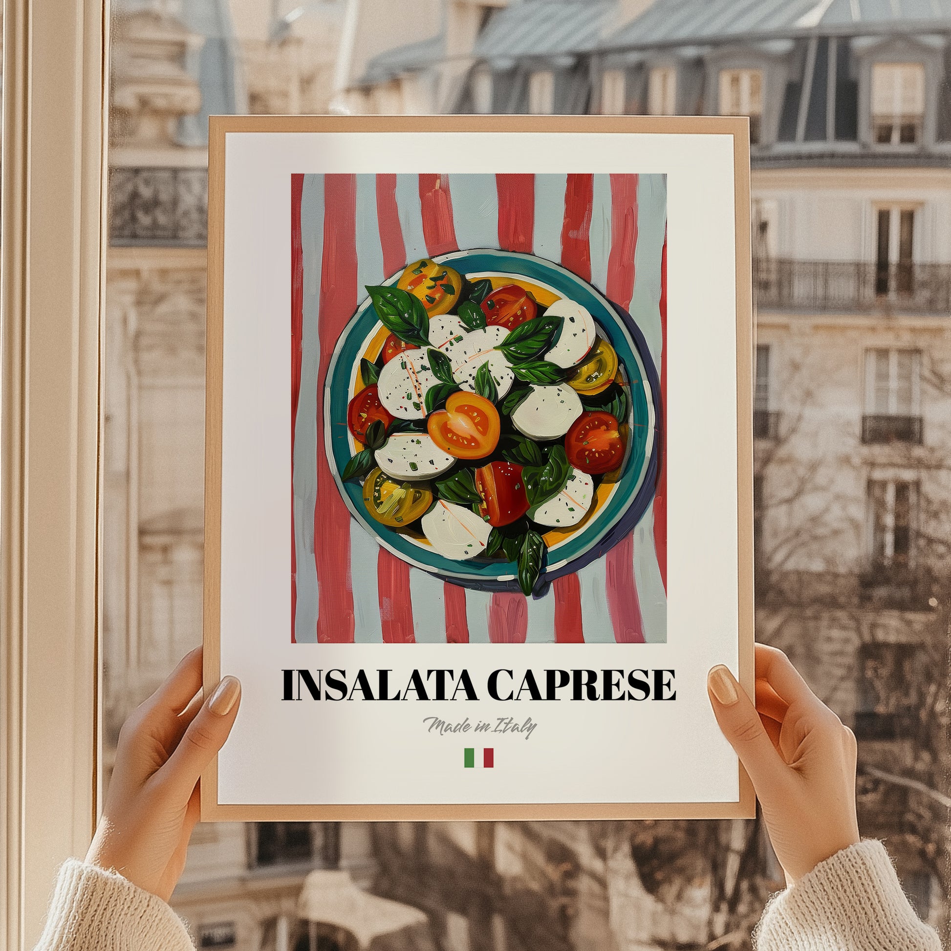 Insalata Caprese – Italian Salad Dish, Café Illustration, styled in a charming Paris street view