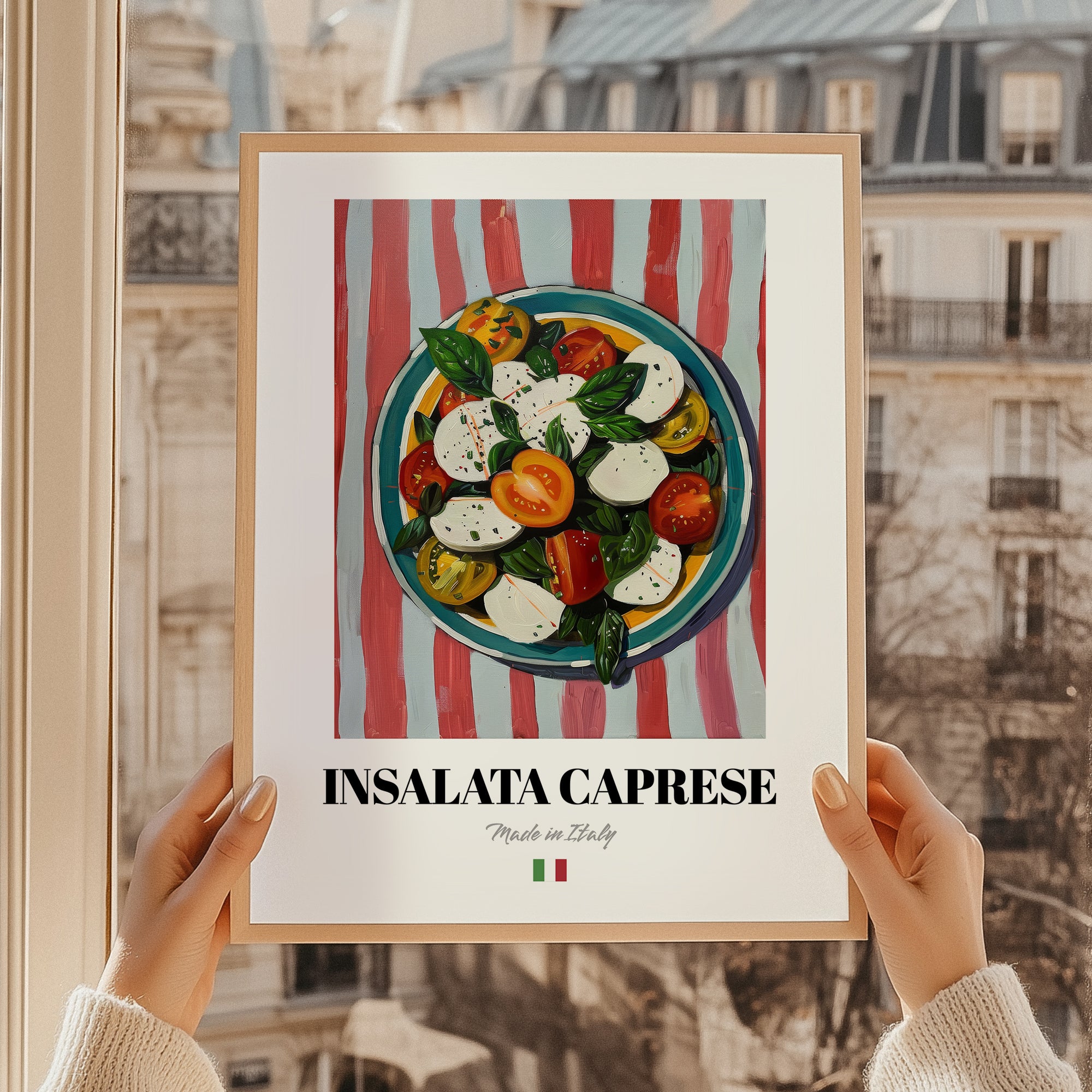 Insalata Caprese – Italian Salad Dish, Café Illustration, styled in a charming Paris street view