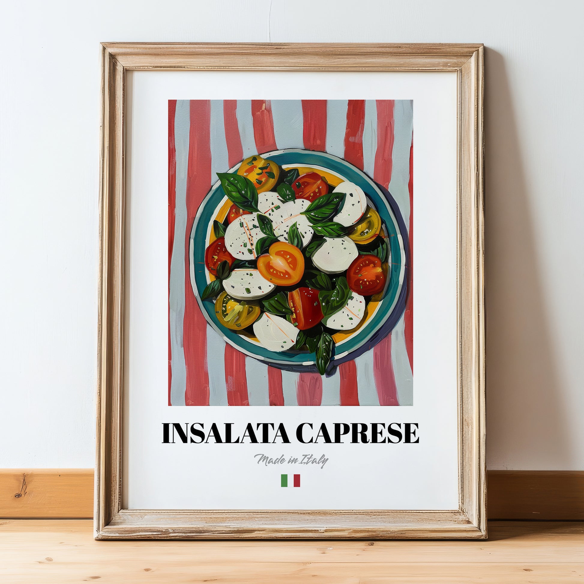 Insalata Caprese – Italian Salad Dish, Café Illustration, in wooden frame leaning on the floor