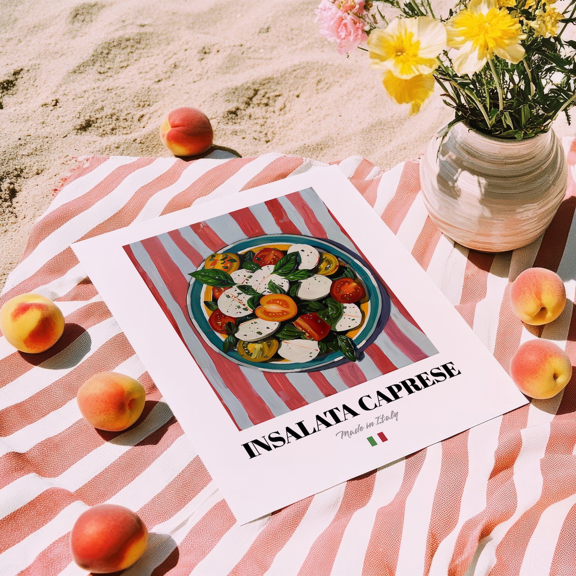 Insalata Caprese – Italian Salad Dish, Café Illustration, unframed on coastal sand