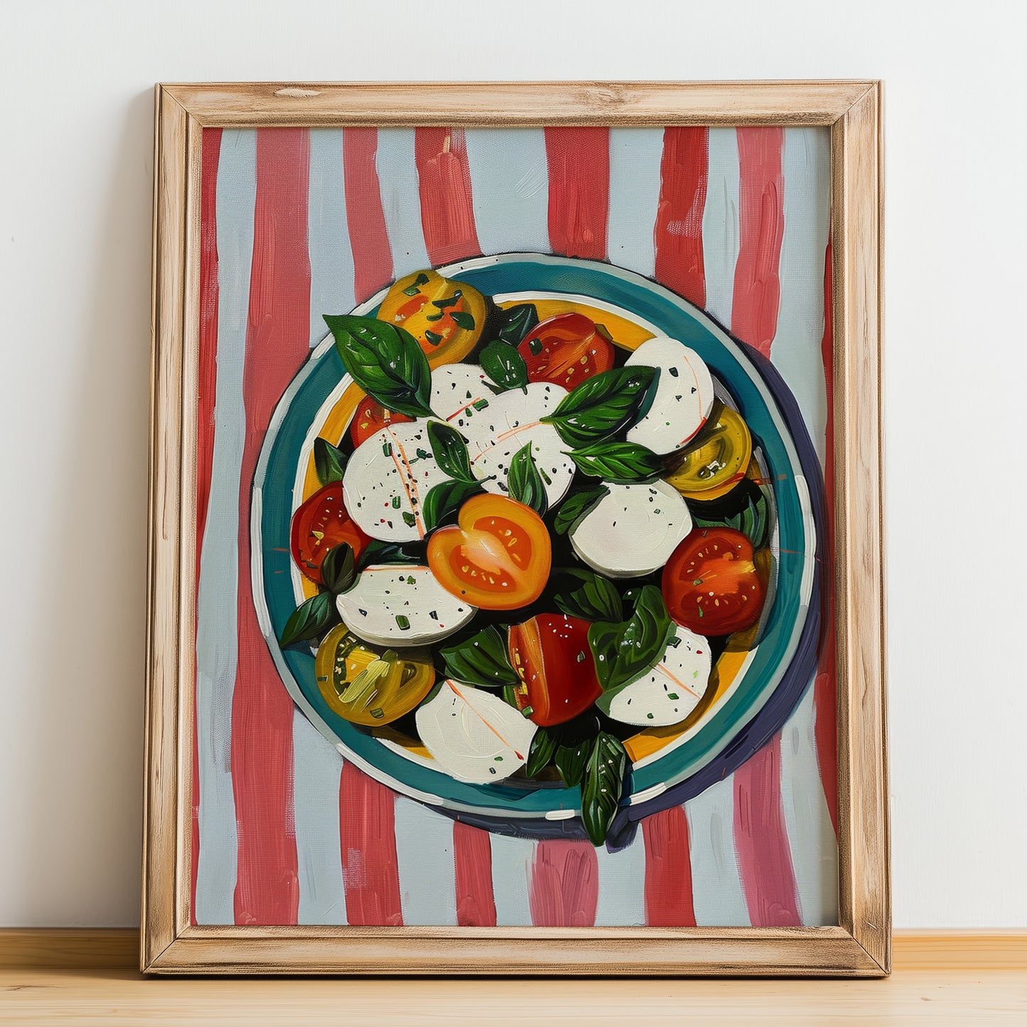 Insalata Caprese – Italian Salad Dish, Café Illustration, no-text version framed in wood