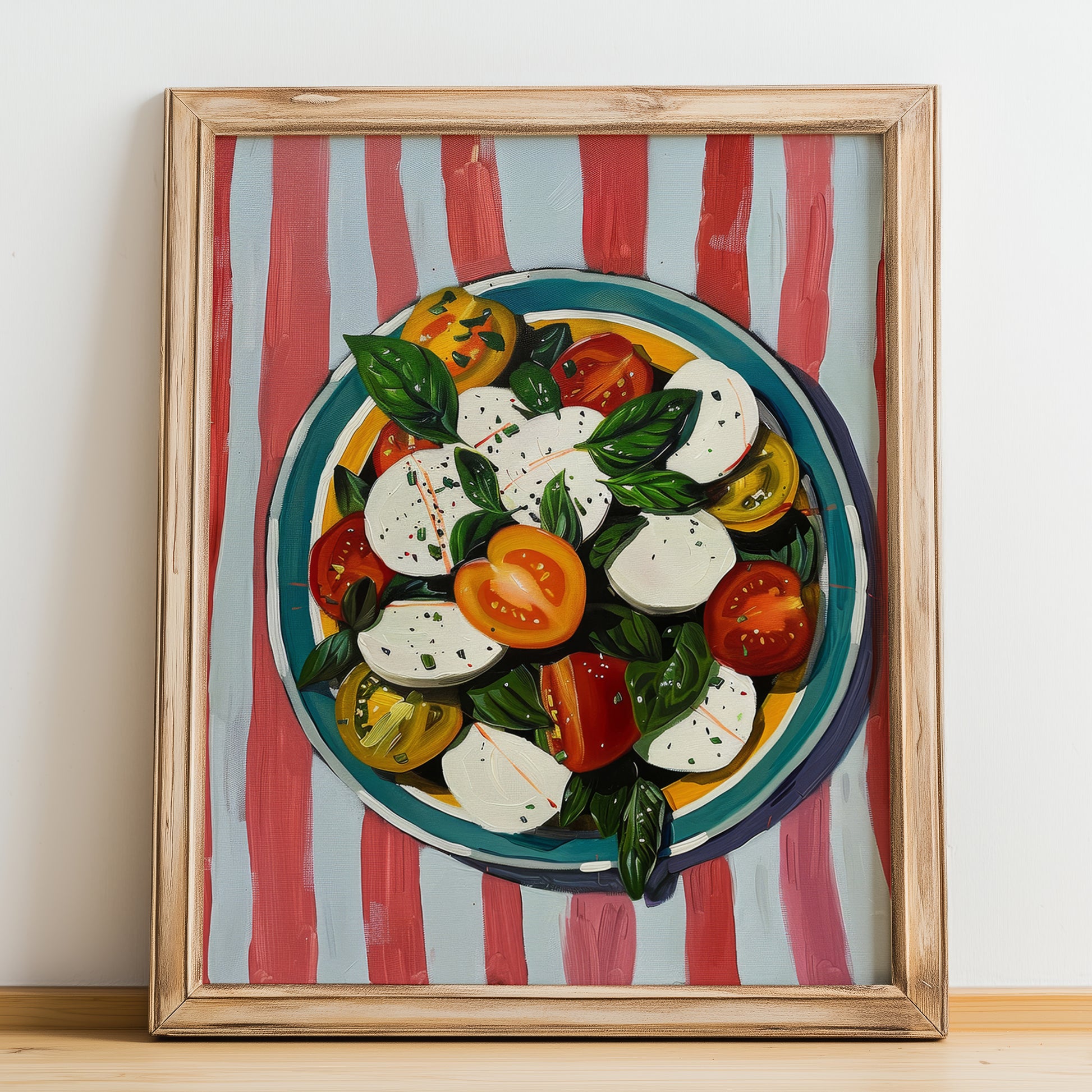 Insalata Caprese – Italian Salad Dish, Café Illustration, no-text version framed in wood