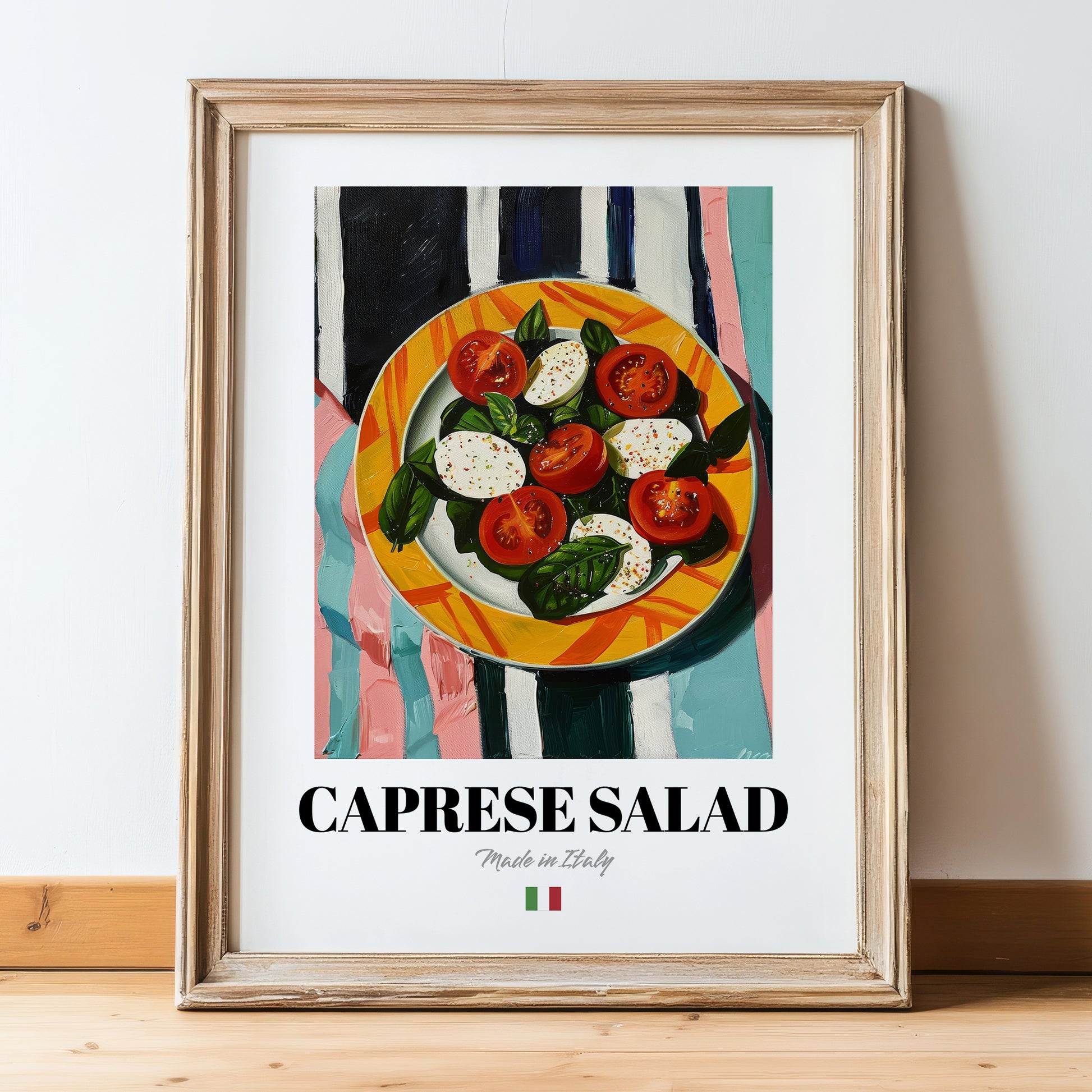 Caprese Salad – Italian Salad Dish, Restaurant Wall Art, in wooden frame leaning on the floor