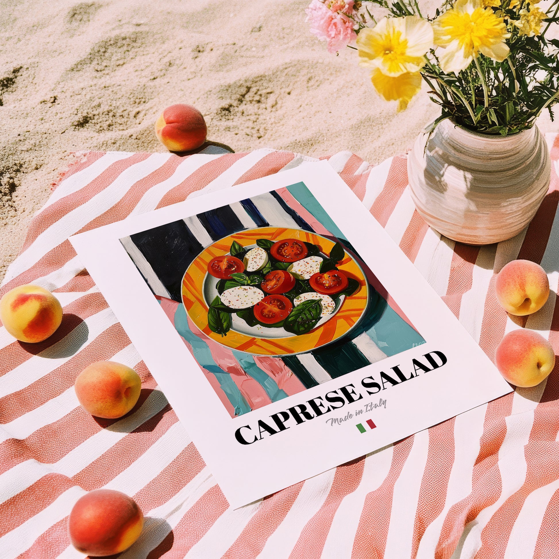 Caprese Salad – Italian Salad Dish, Restaurant Wall Art, unframed on coastal sand
