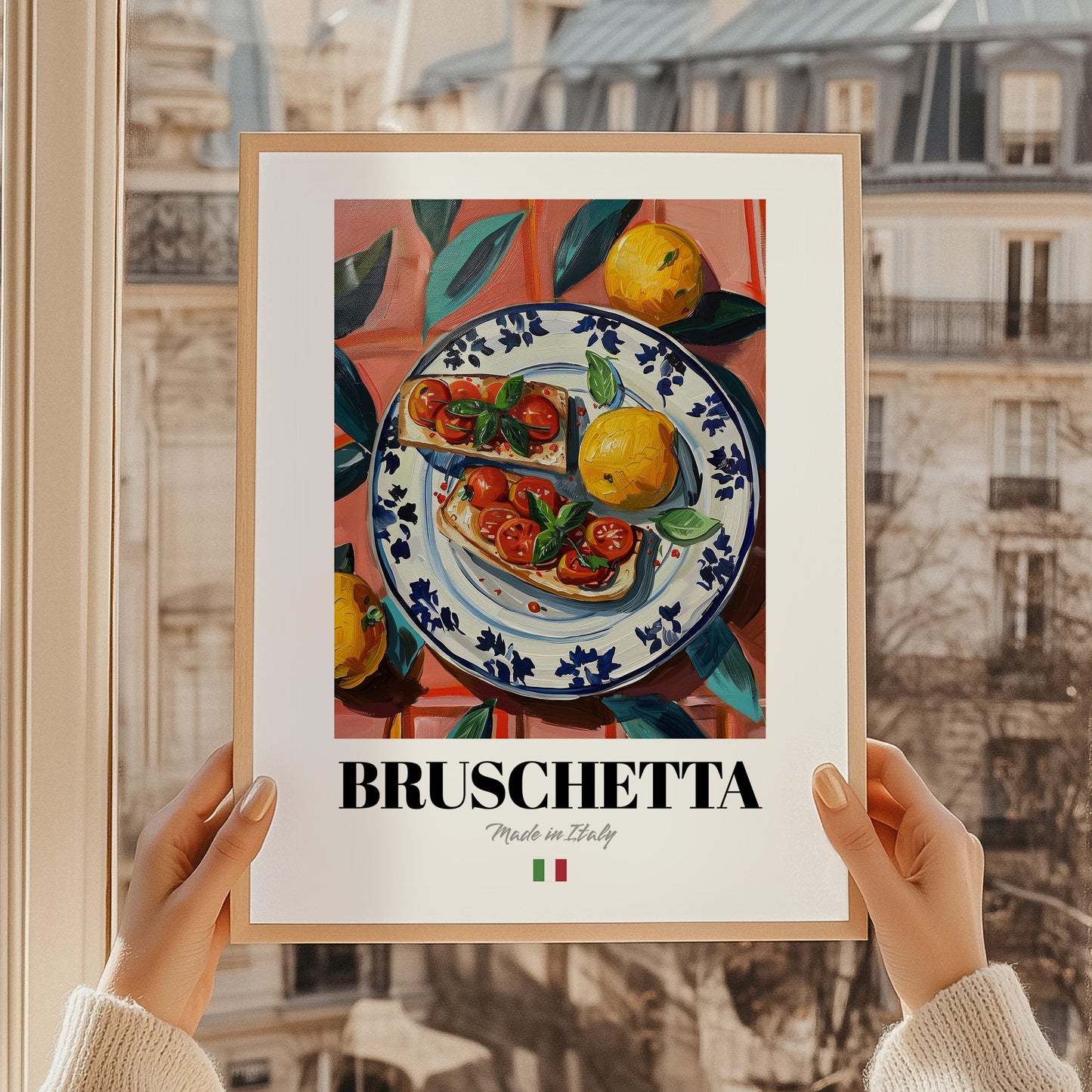 Bruschetta – Italian Snack Dish, Farmhouse Kitchen Illustration, styled in a charming Paris street view