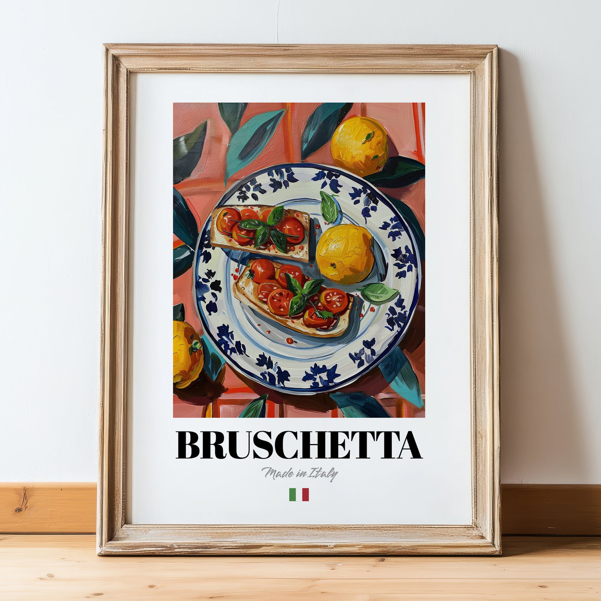 Bruschetta – Italian Snack Dish, Farmhouse Kitchen Illustration, in wooden frame leaning on the floor