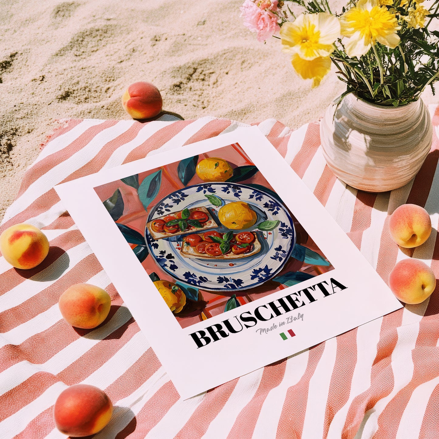 Bruschetta – Italian Snack Dish, Farmhouse Kitchen Illustration, unframed on coastal sand