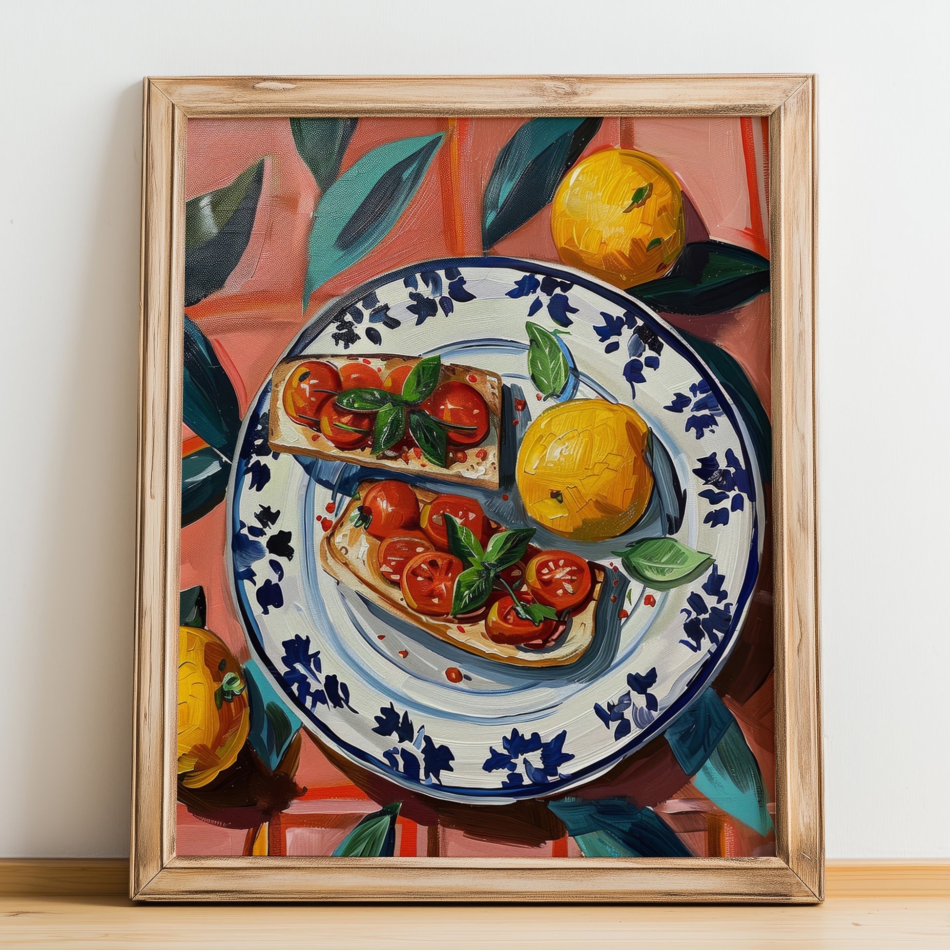 Bruschetta – Italian Snack Dish, Farmhouse Kitchen Illustration, no-text version framed in wood