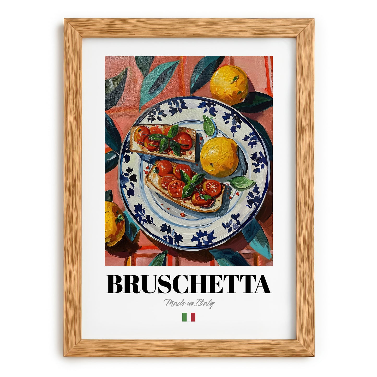 Bruschetta – Italian Snack Dish, Farmhouse Kitchen Illustration, set in oak frame