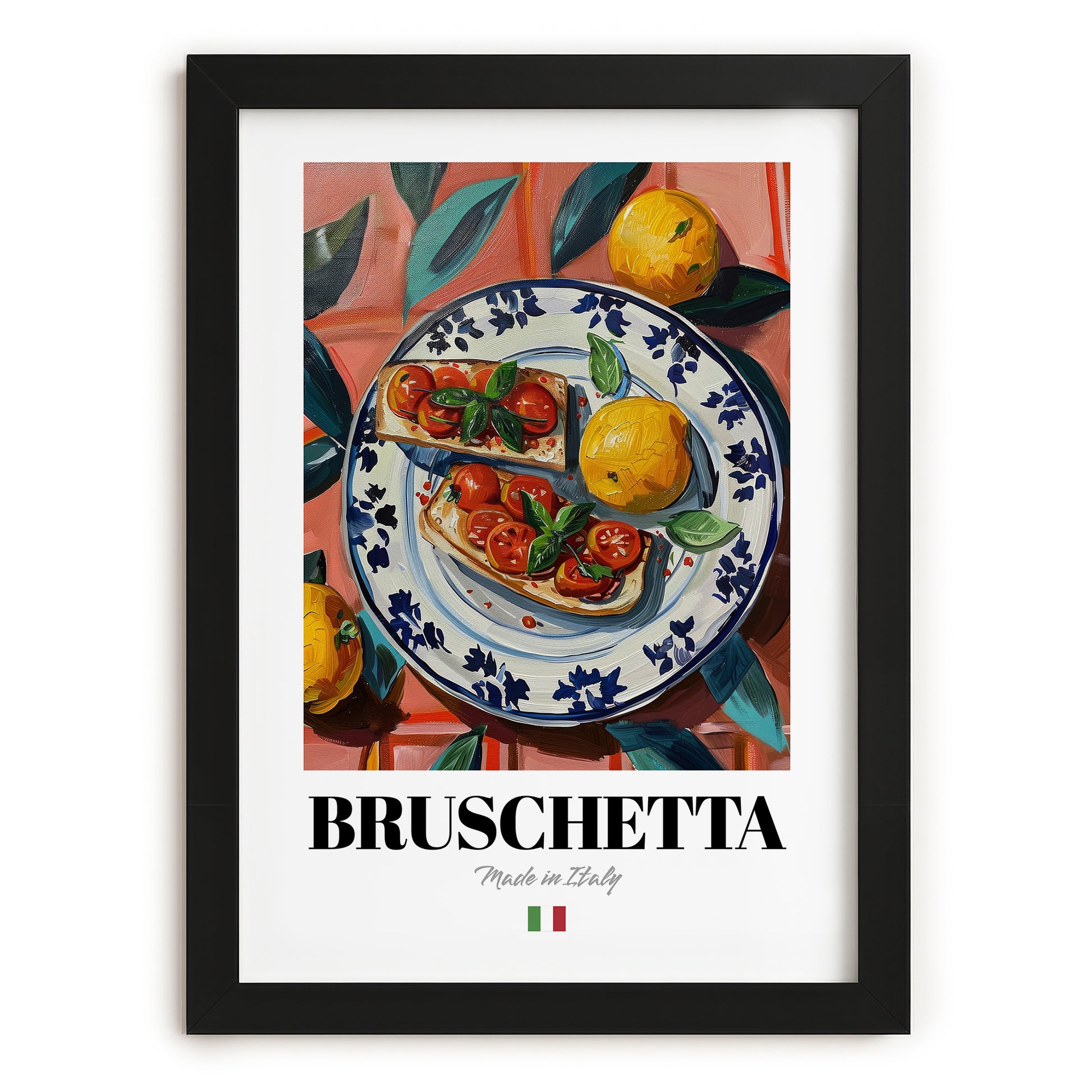 Bruschetta – Italian Snack Dish, Farmhouse Kitchen Illustration, in sleek black frame
