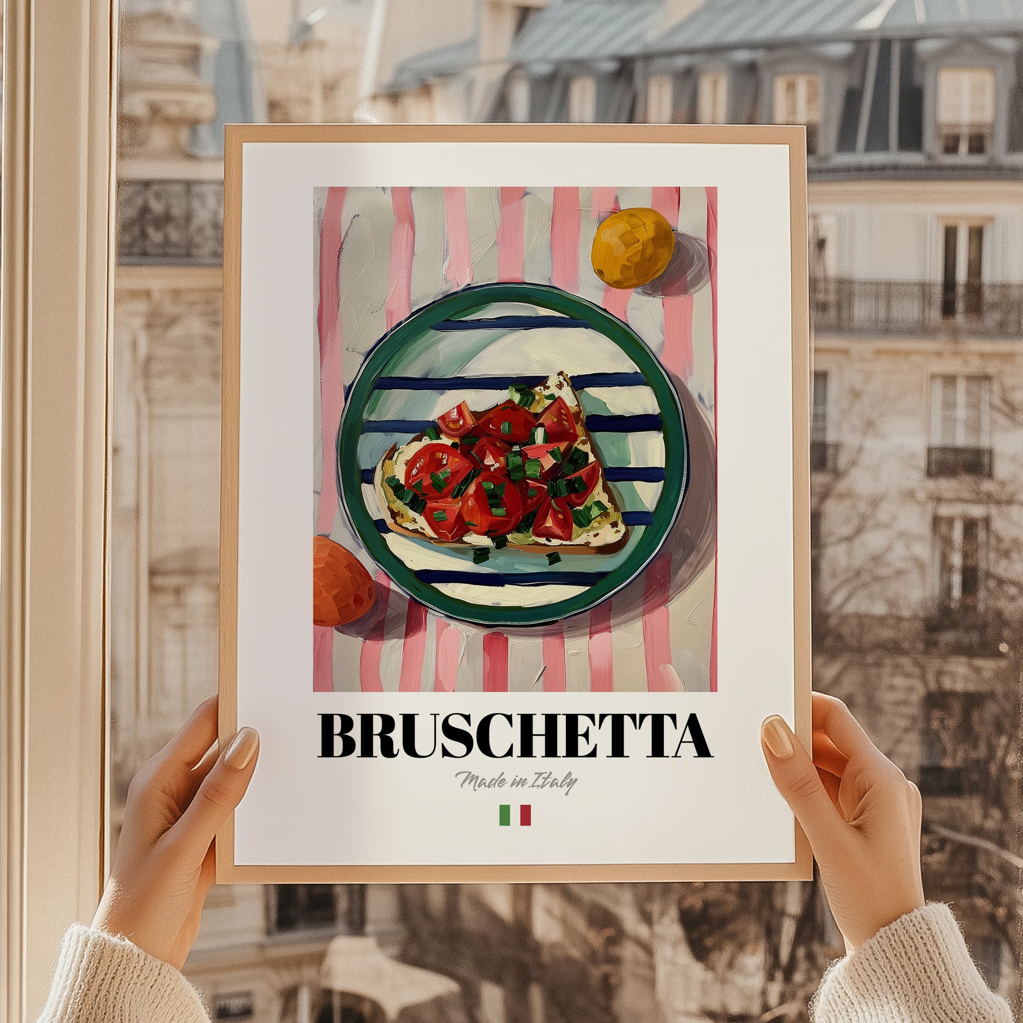 Bruschetta – Italian Snack Dish, Fine Dining Restaurant Print, styled in a charming Paris street view