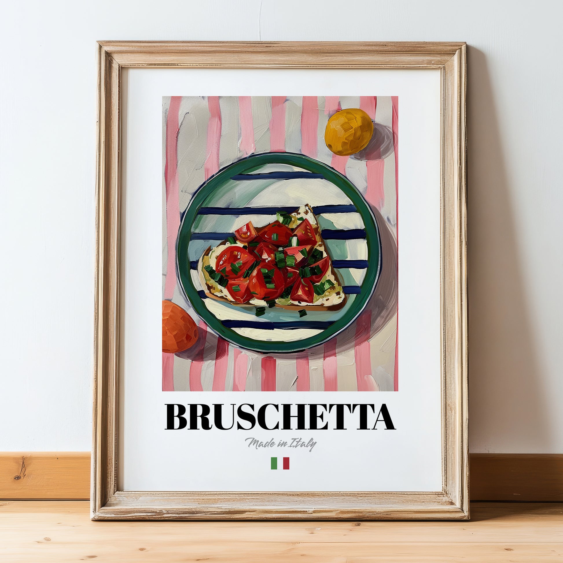 Bruschetta – Italian Snack Dish, Fine Dining Restaurant Print, in wooden frame leaning on the floor