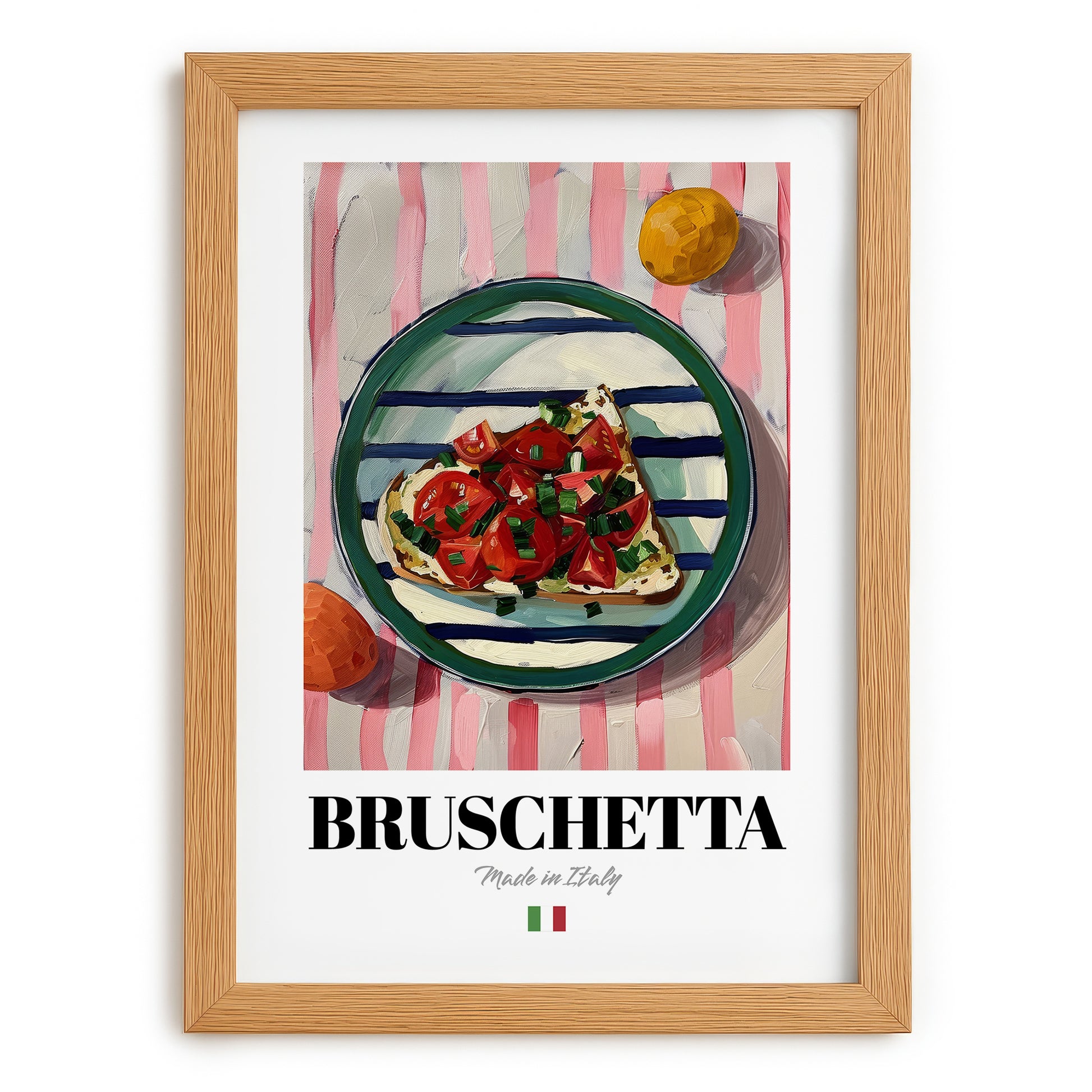 Bruschetta – Italian Snack Dish, Fine Dining Restaurant Print, set in oak frame
