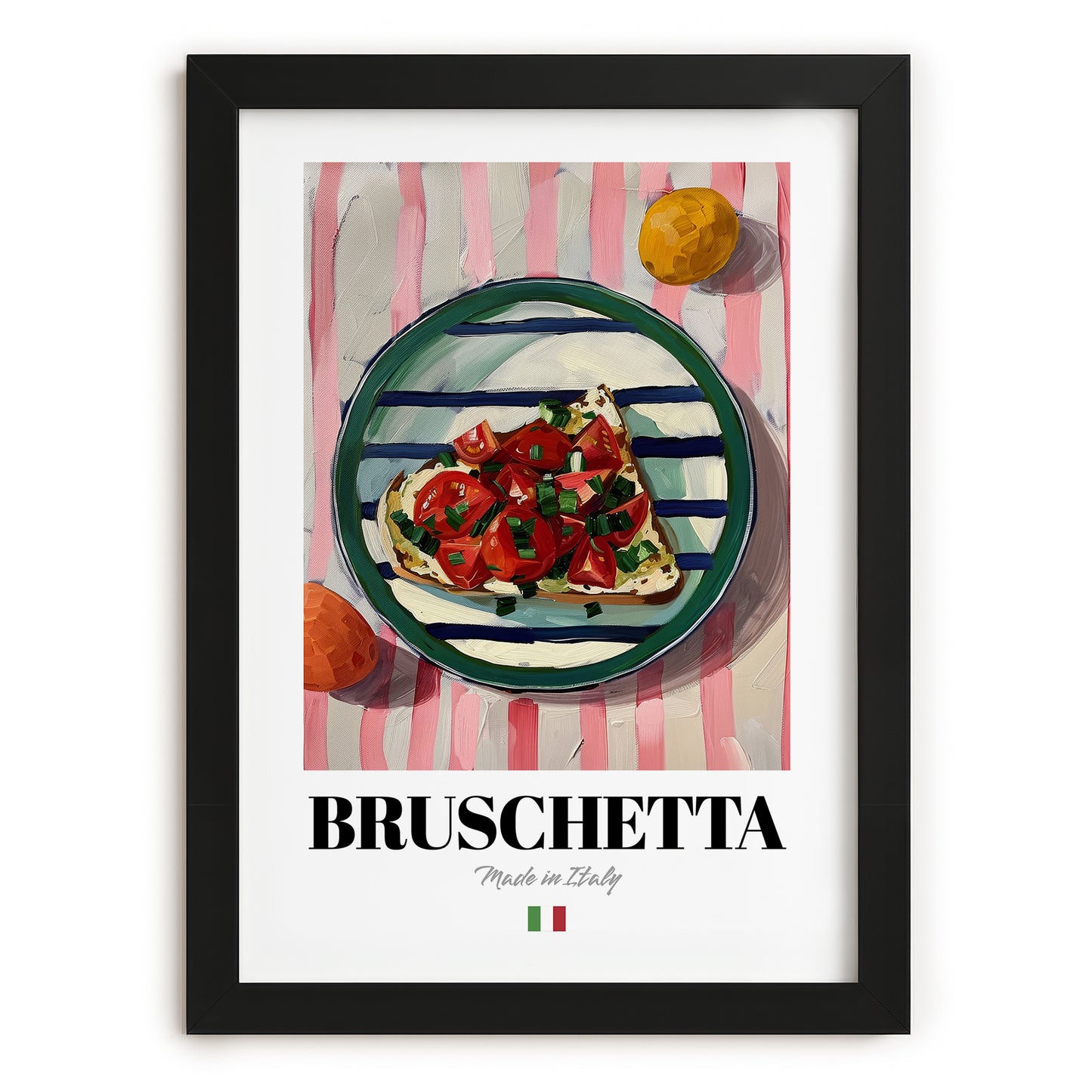 Bruschetta – Italian Snack Dish, Fine Dining Restaurant Print, in sleek black frame