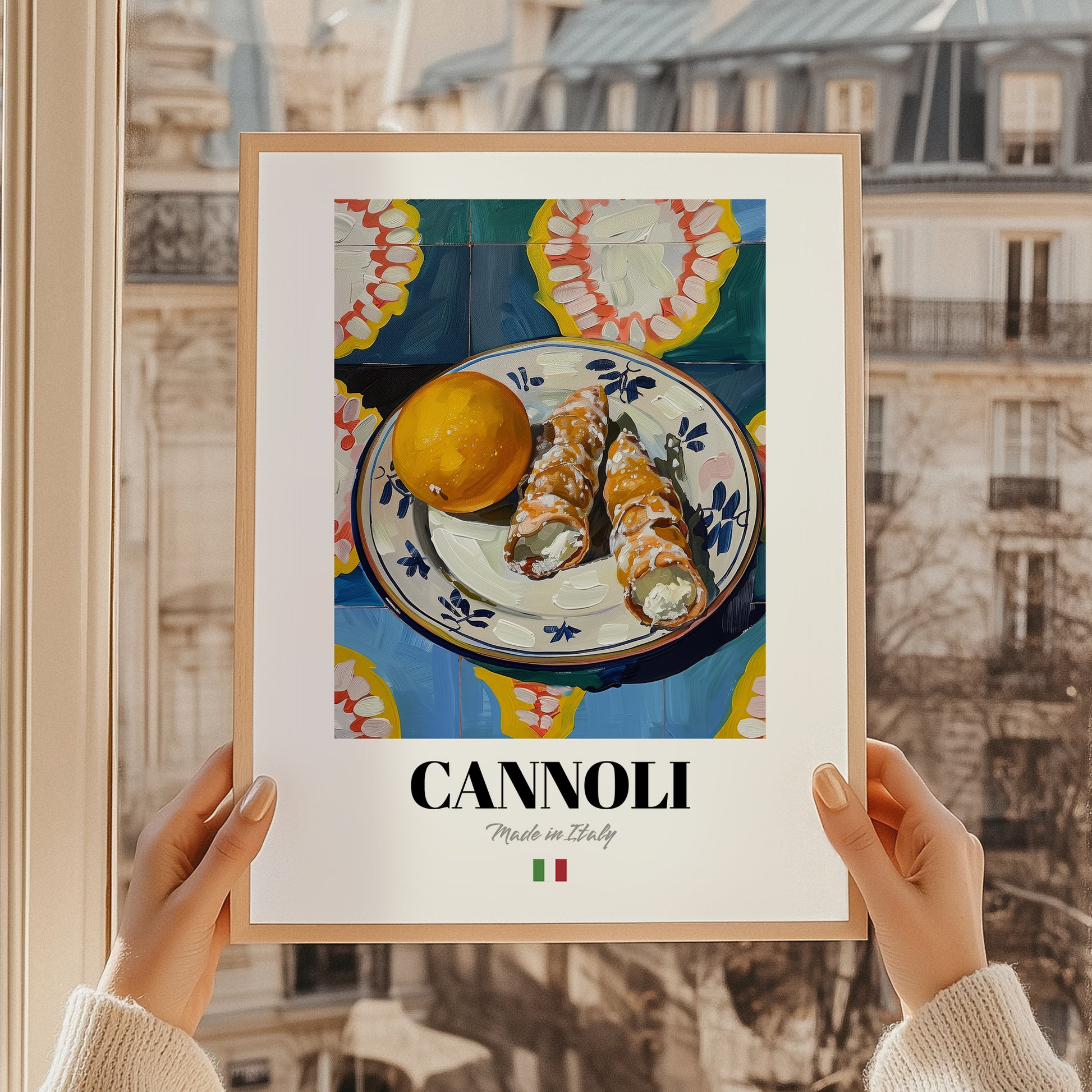 Cannoli – Italian Dessert Dish, Bistro Print, styled in a charming Paris street view