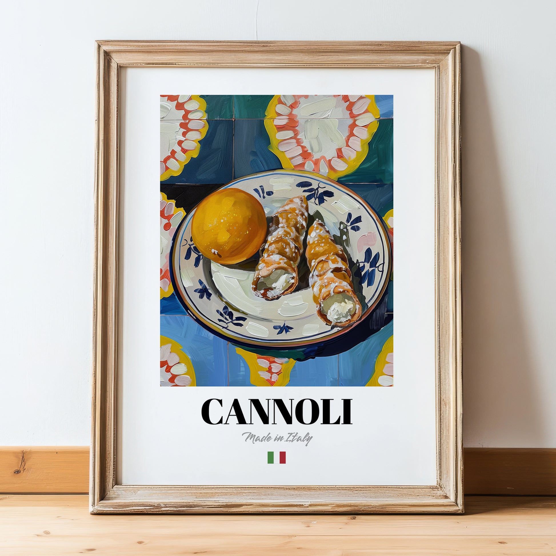 Cannoli – Italian Dessert Dish, Bistro Print, in wooden frame leaning on the floor