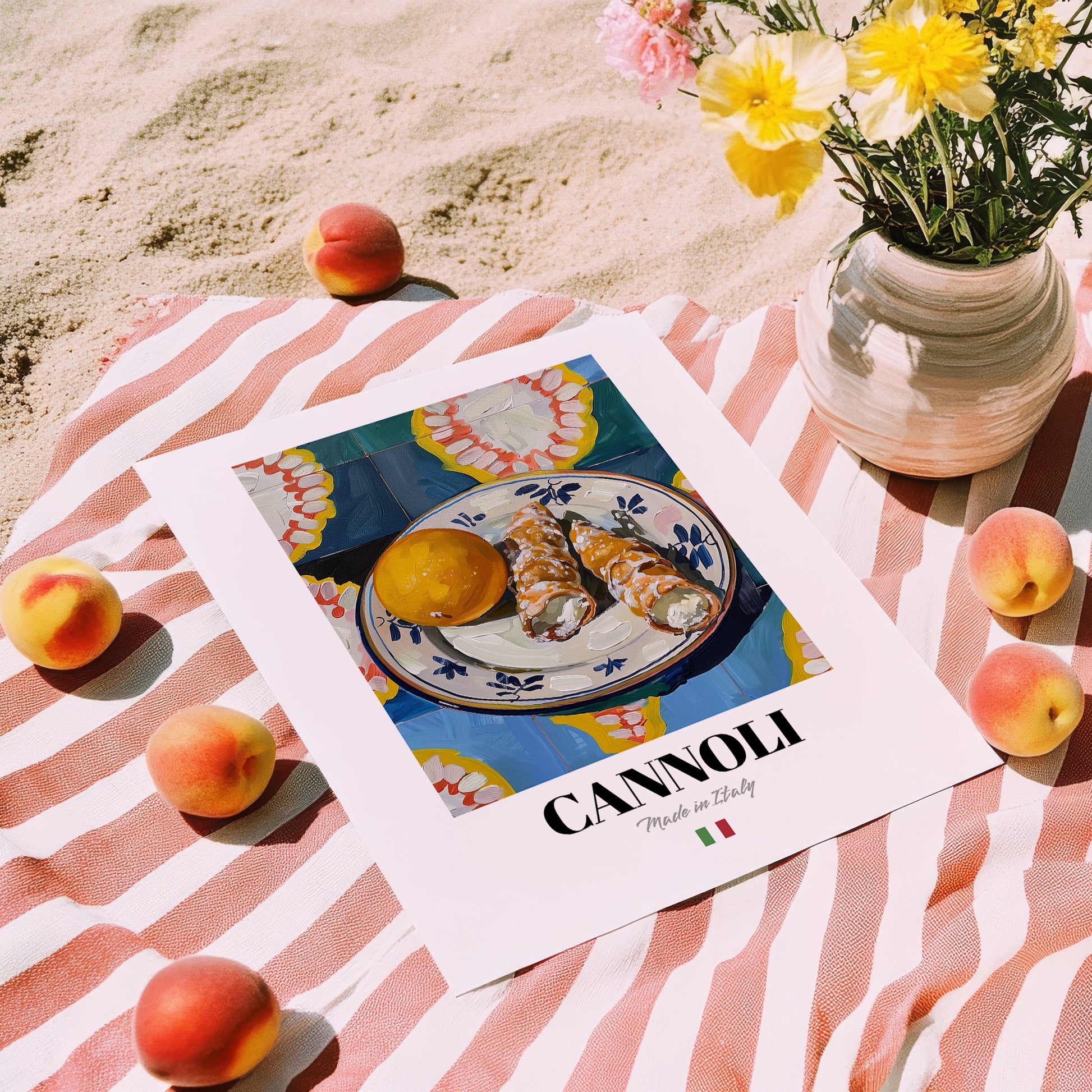 Cannoli – Italian Dessert Dish, Bistro Print, unframed on coastal sand