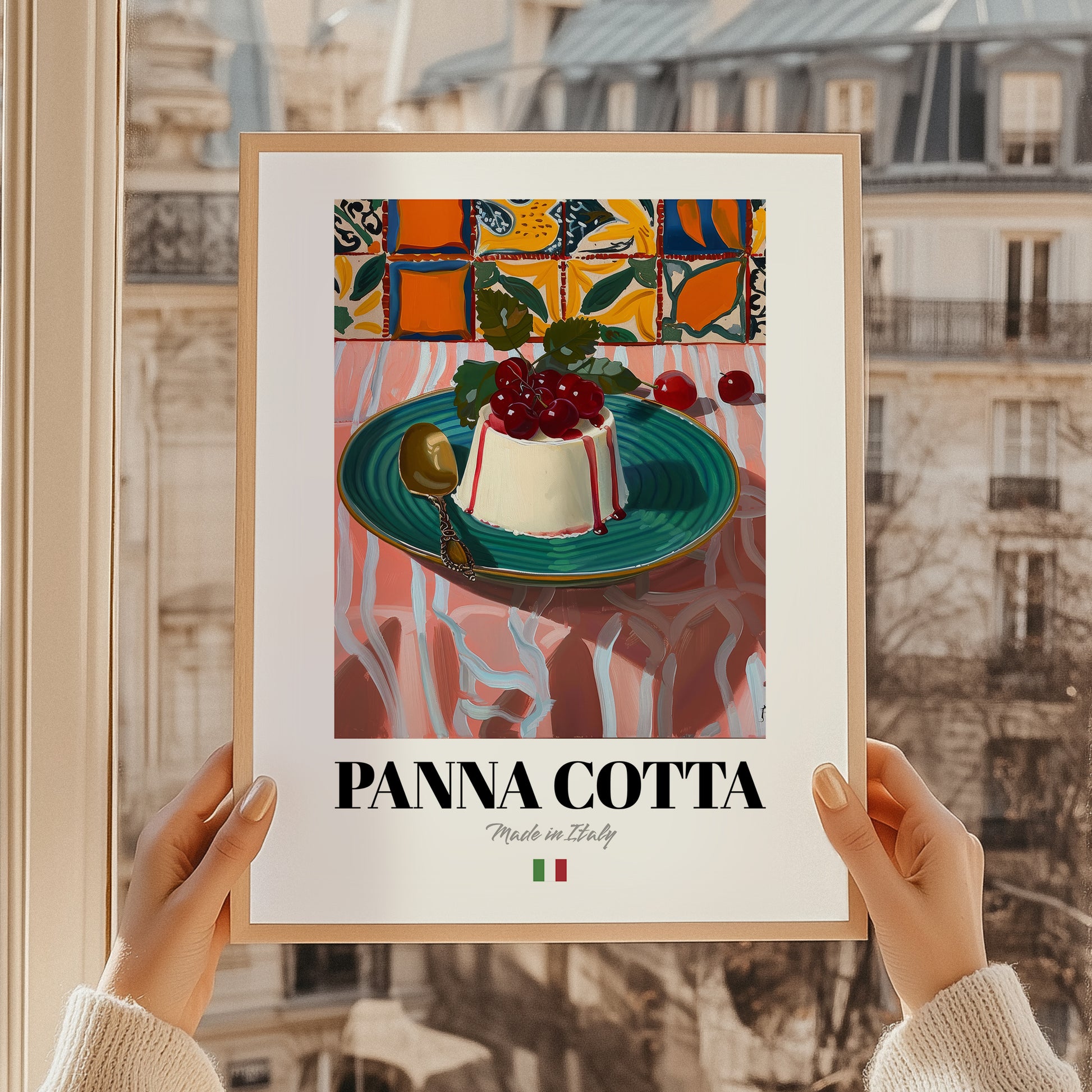 Panna Cotta – Italian Dessert Dish, Tavern Print, styled in a charming Paris street view