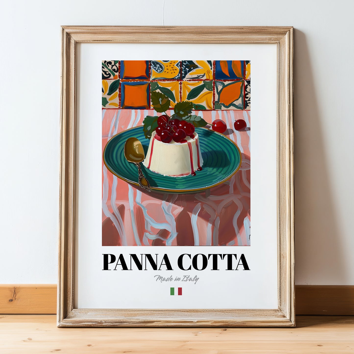 Panna Cotta – Italian Dessert Dish, Tavern Print, in wooden frame leaning on the floor