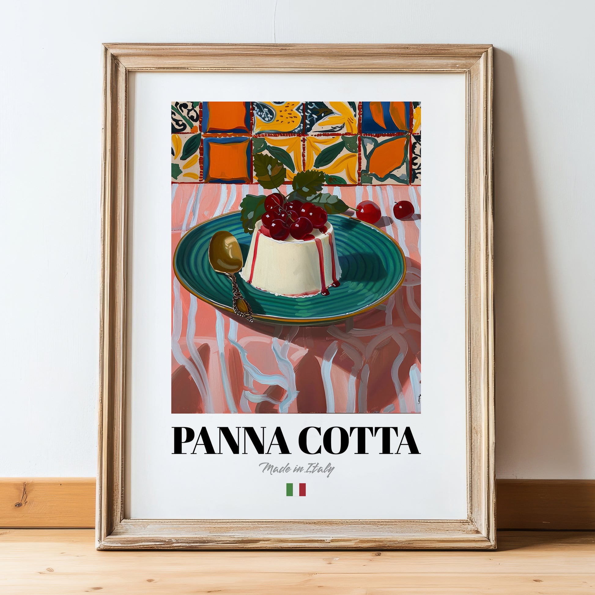 Panna Cotta – Italian Dessert Dish, Tavern Print, in wooden frame leaning on the floor