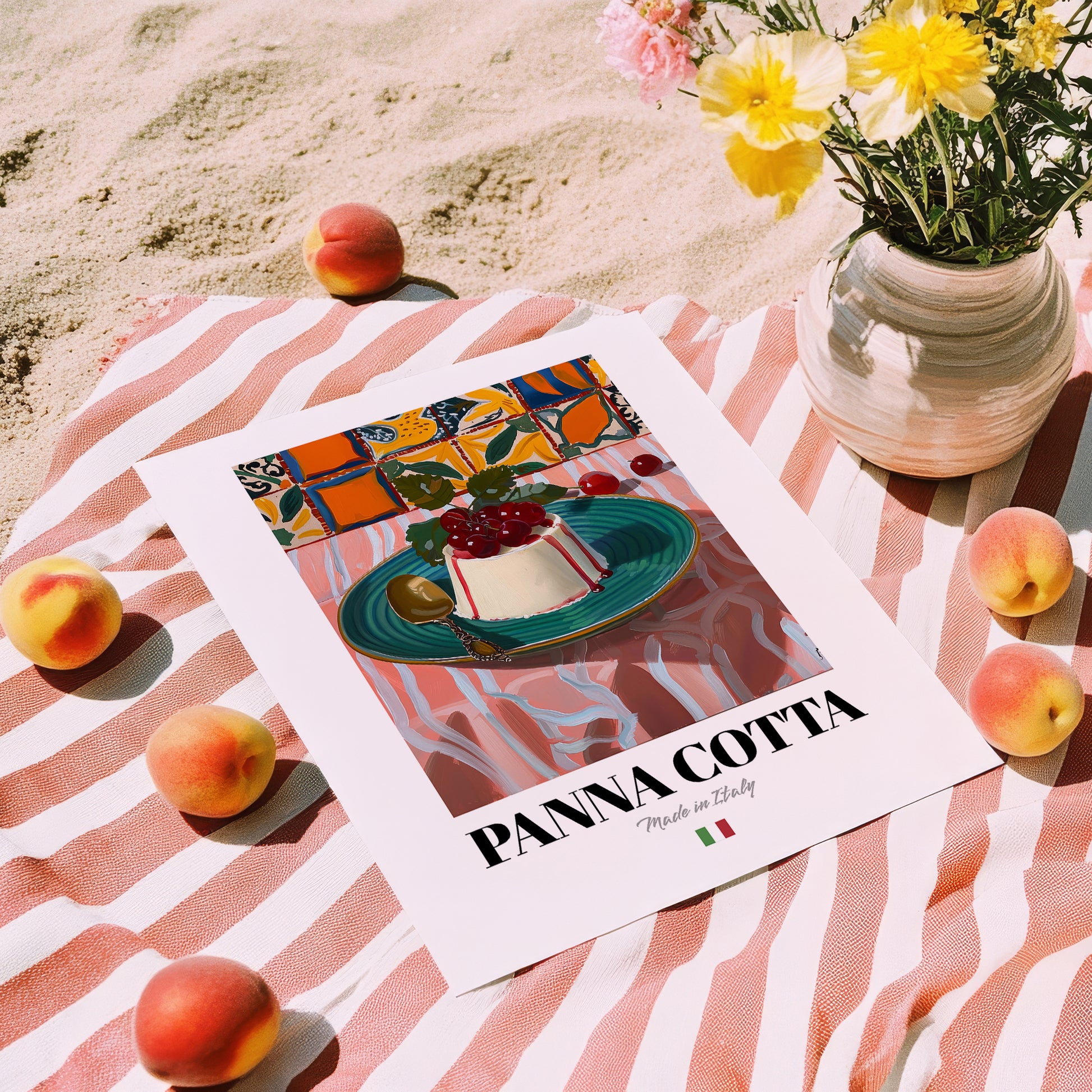 Panna Cotta – Italian Dessert Dish, Tavern Print, unframed on coastal sand