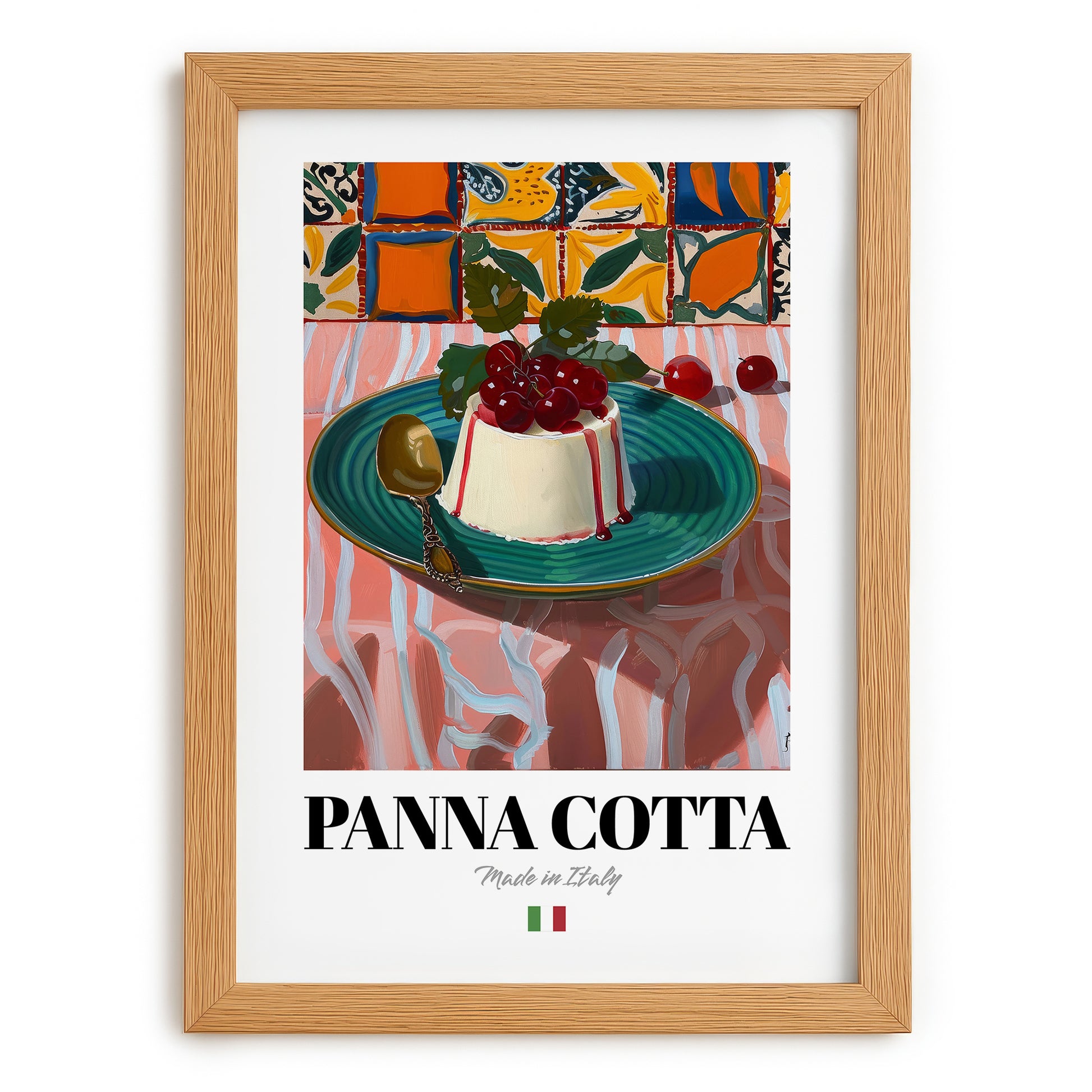Panna Cotta – Italian Dessert Dish, Tavern Print, set in oak frame