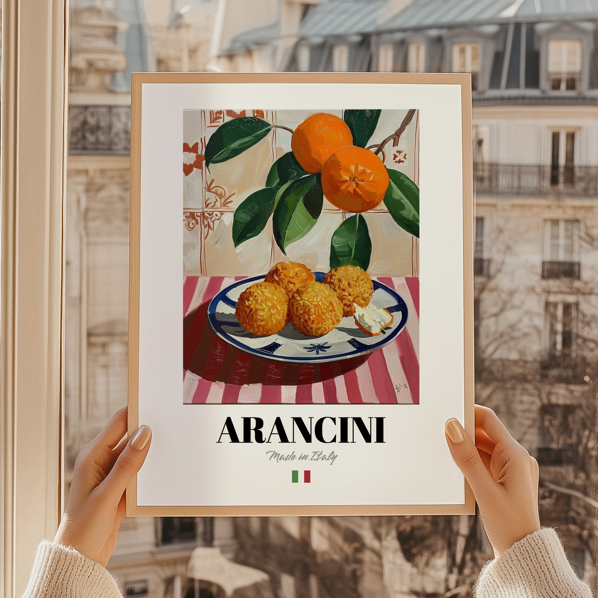Arancini – Italian Snack Dish, Food Bar Painting, styled in a charming Paris street view