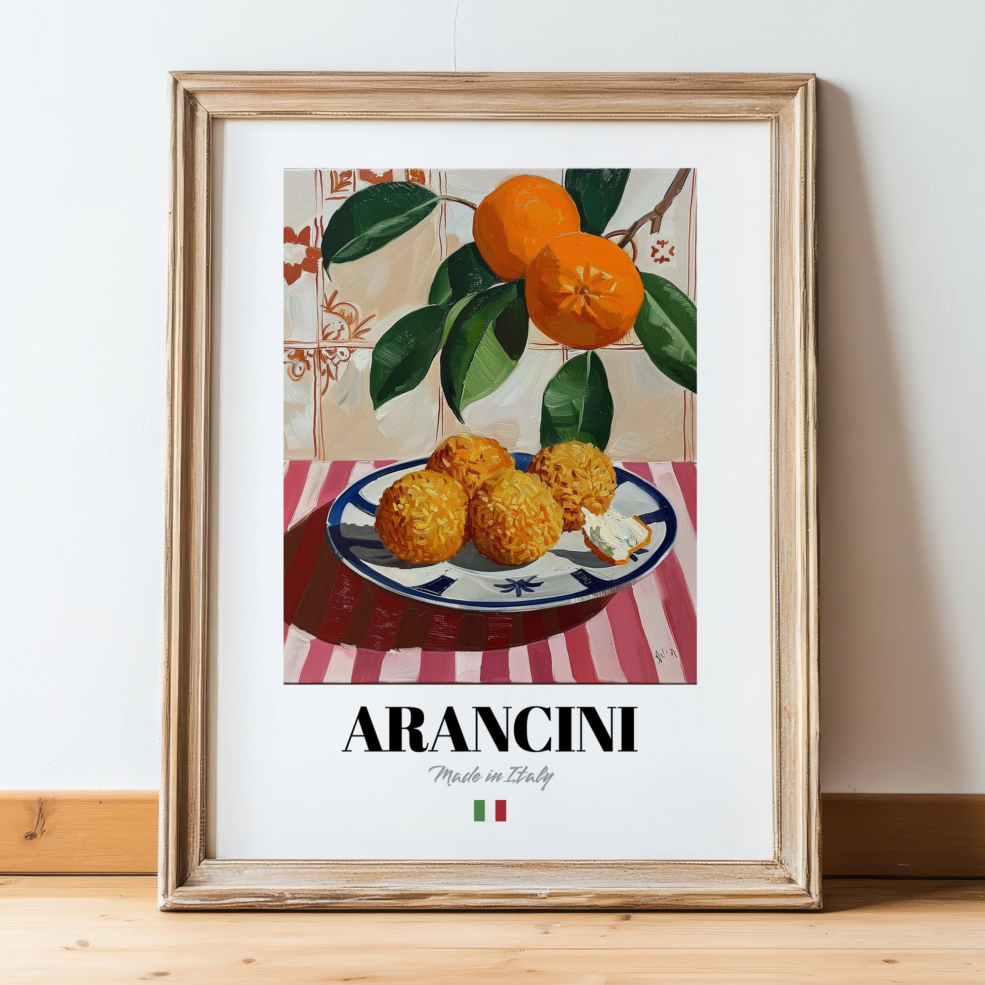 Arancini – Italian Snack Dish, Food Bar Painting, in wooden frame leaning on the floor