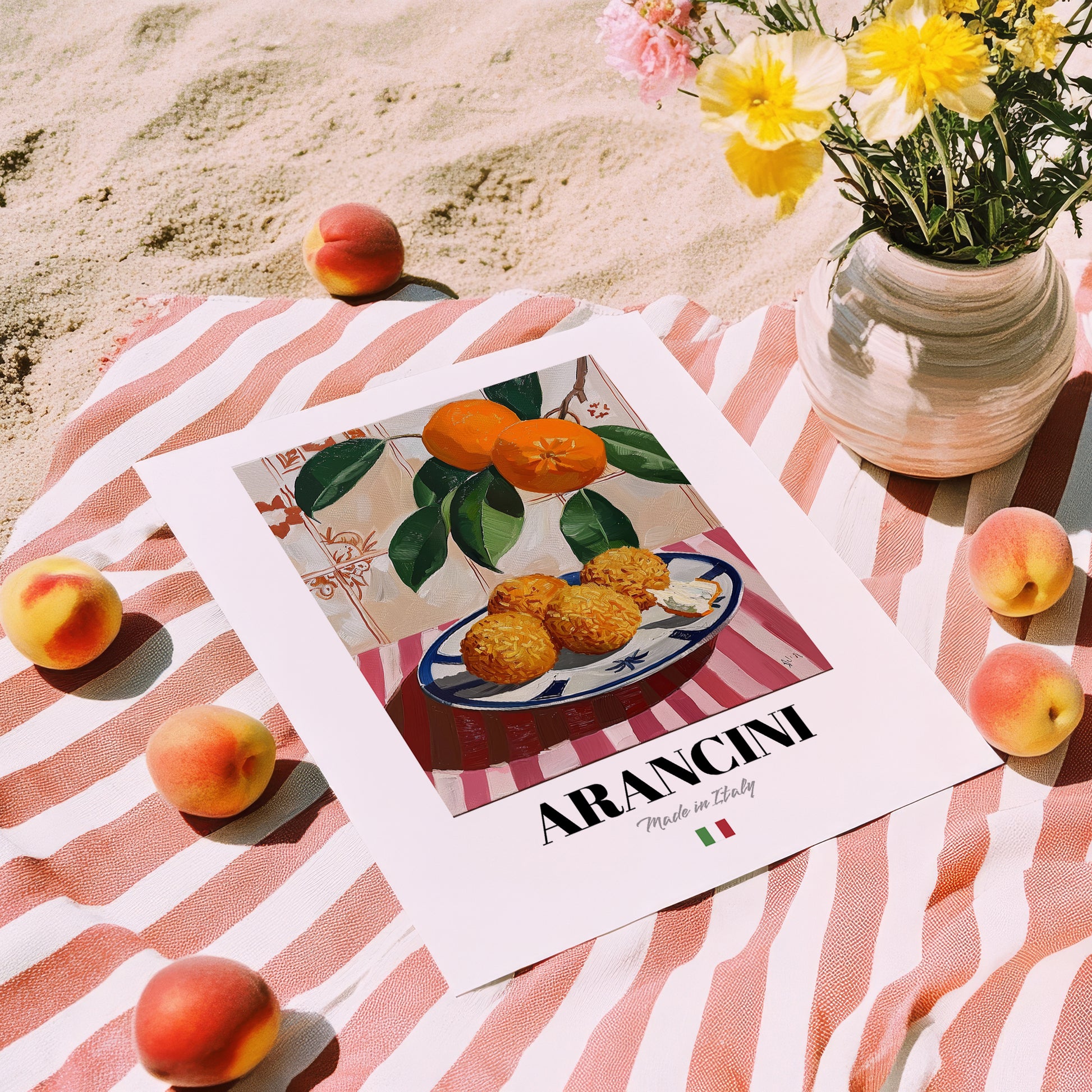 Arancini – Italian Snack Dish, Food Bar Painting, unframed on coastal sand