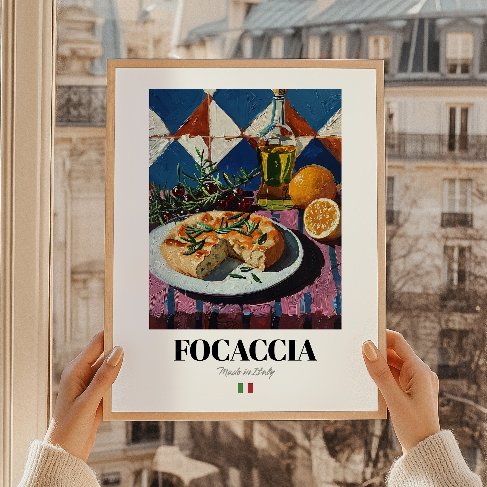 Focaccia – Italian Bread Dish, Tavern Poster, styled in a charming Paris street view